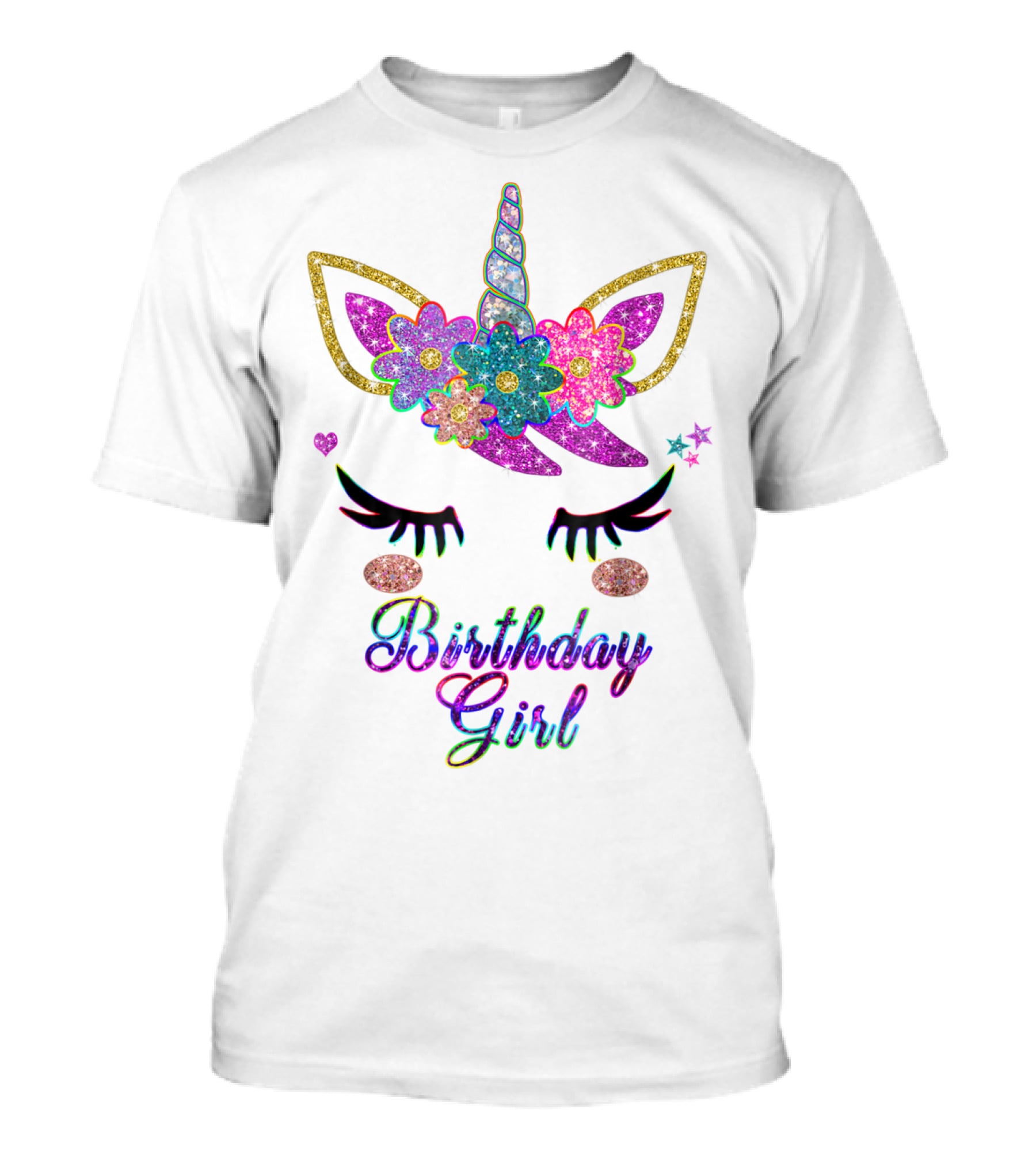 Rainbow Glitter Unicorn Birthday Girl Flowers Stars T-Shirt