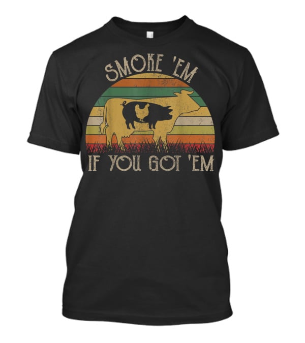 Retro Smoke 'Em If You Got 'Em BBQ Grilling Cow Chicken Smoky Sunset Stripes T-Shirt