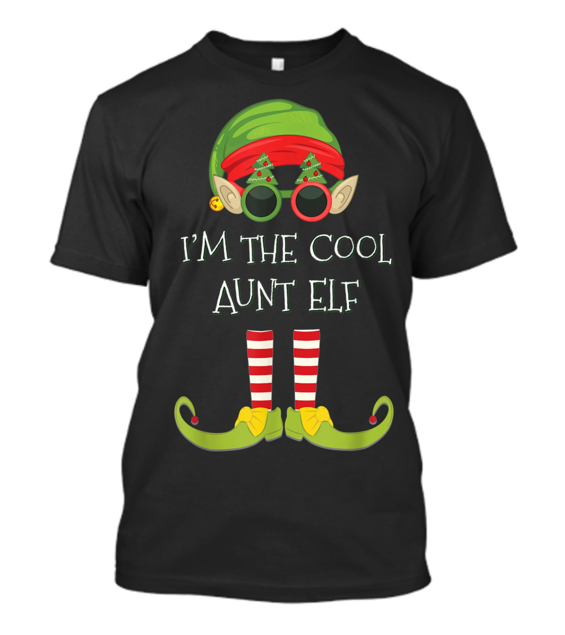 I'm The Cool Aunt Elf Christmas Costume Striped Stockings Green Hat Glasses T-Shirt