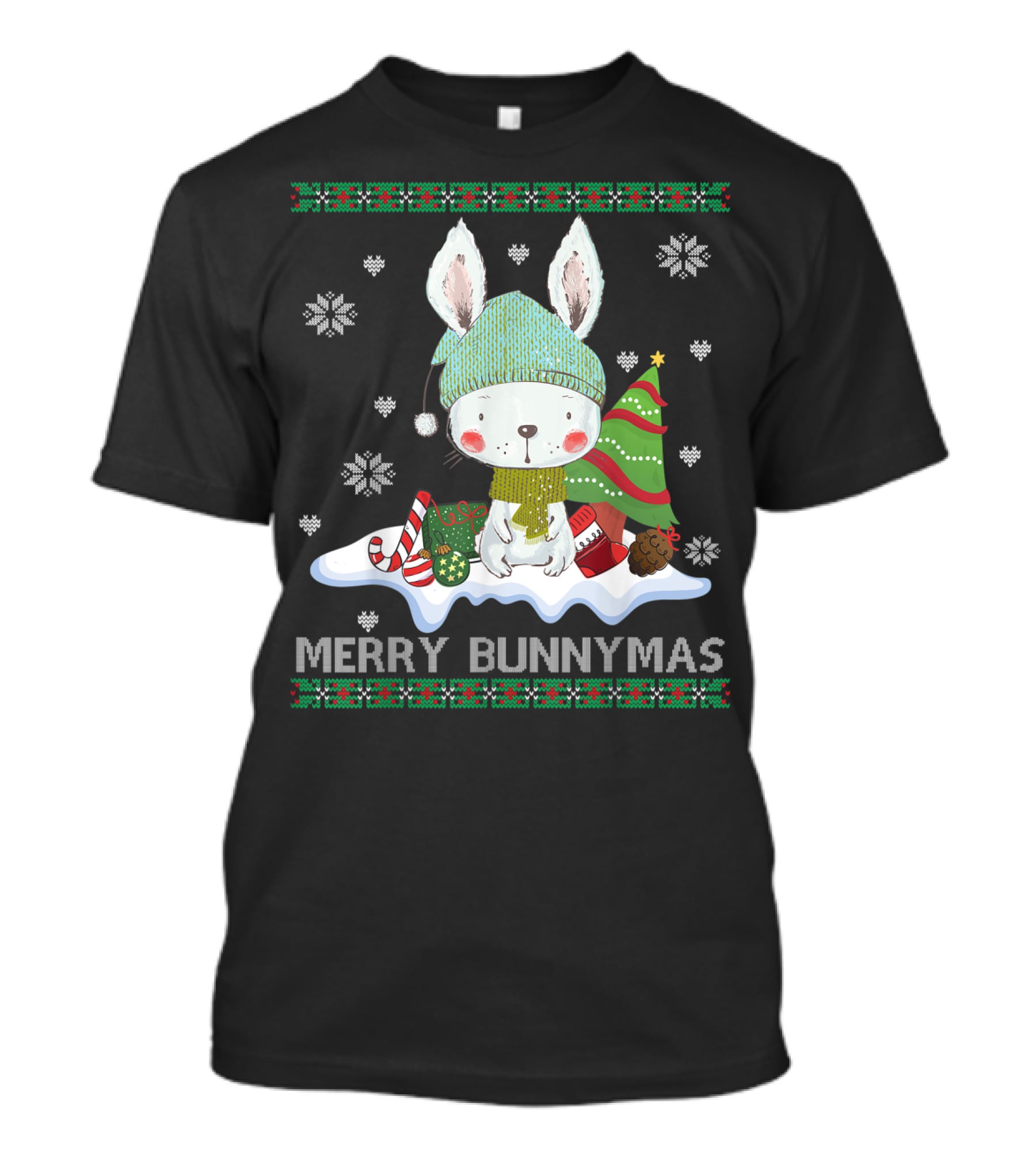 Merry Bunnymas Cute Bunny With Santa Hat And Christmas Tree T-Shirt