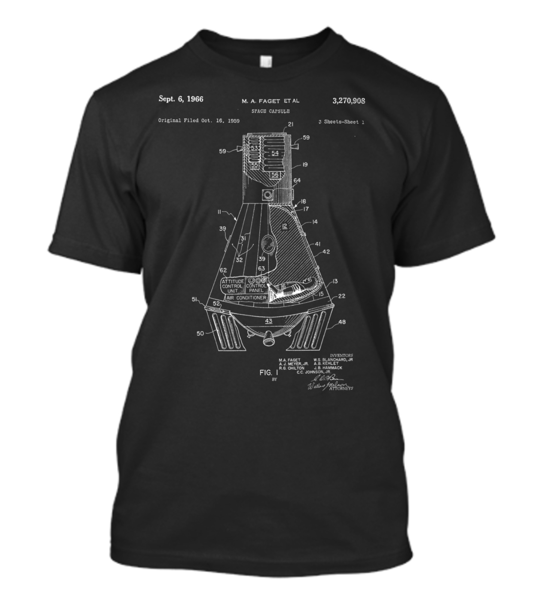 NASA Space Capsule Patent Mercury Mission 1966 Space Travel T-Shirt