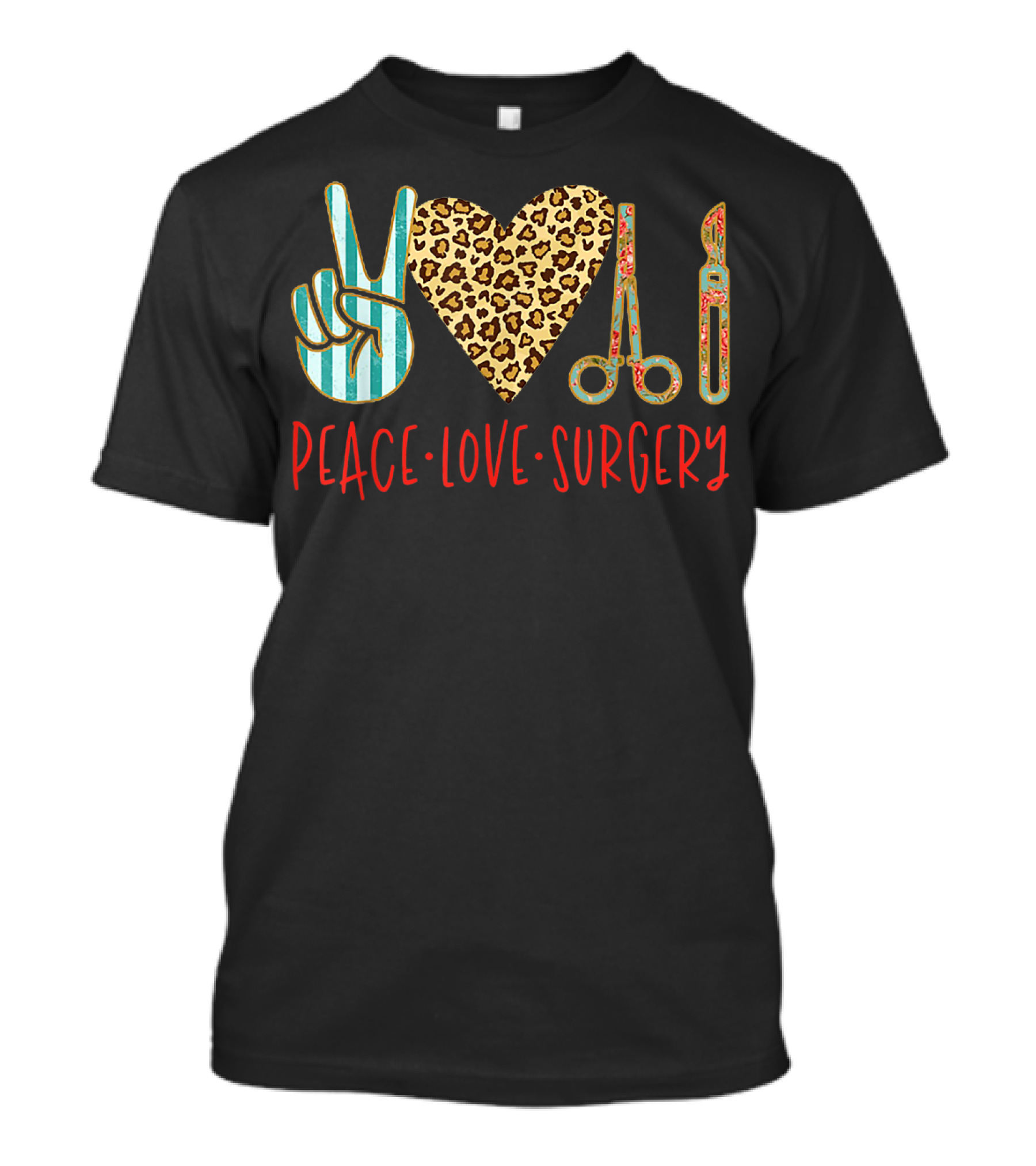 Peace Love Surgery Striped Peace Sign Leopard Heart Surgical Instruments T-Shirt