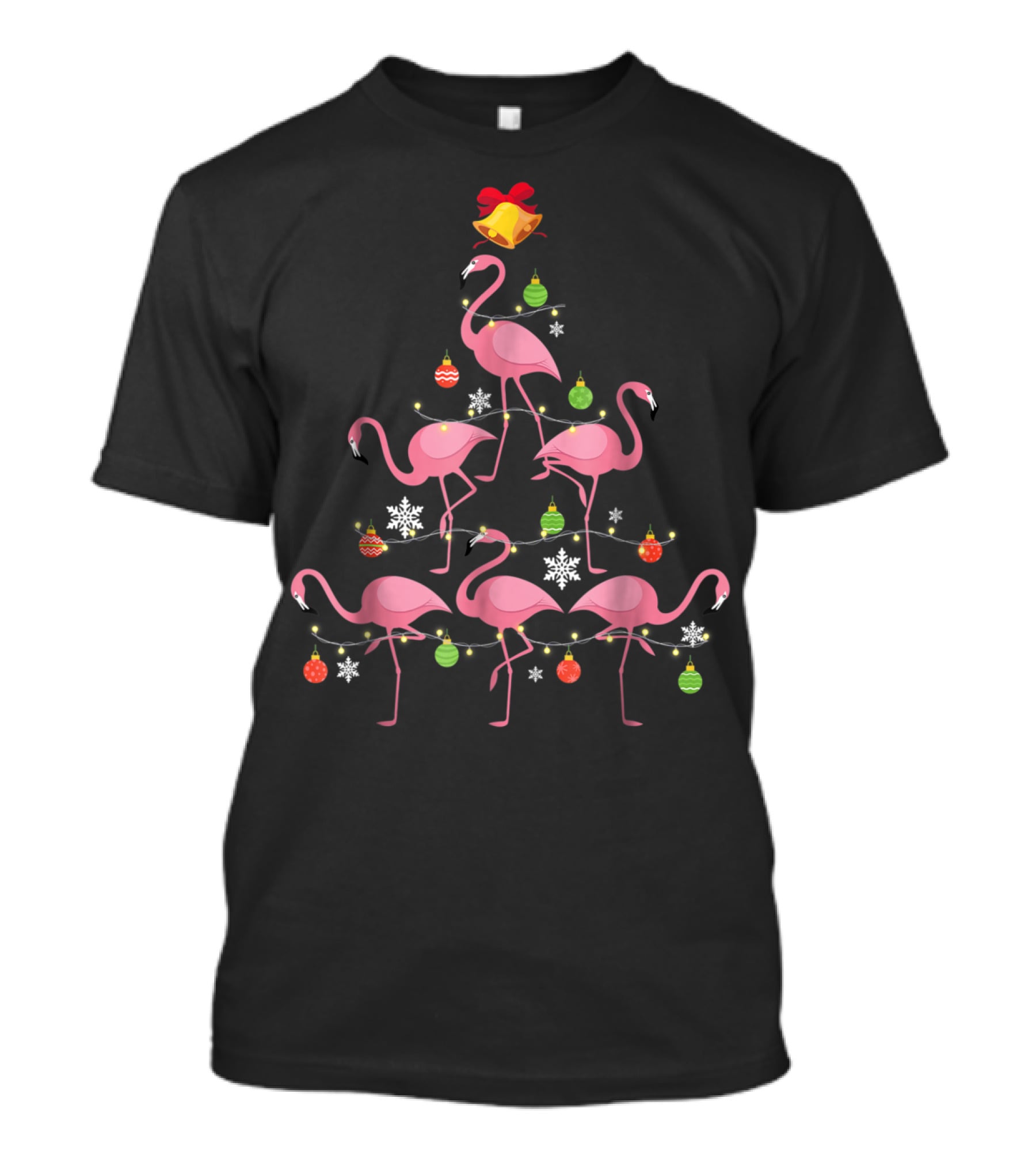 Pink Flamingo Christmas Tree Ornament Decor Snowflakes Festive Lights T-Shirt