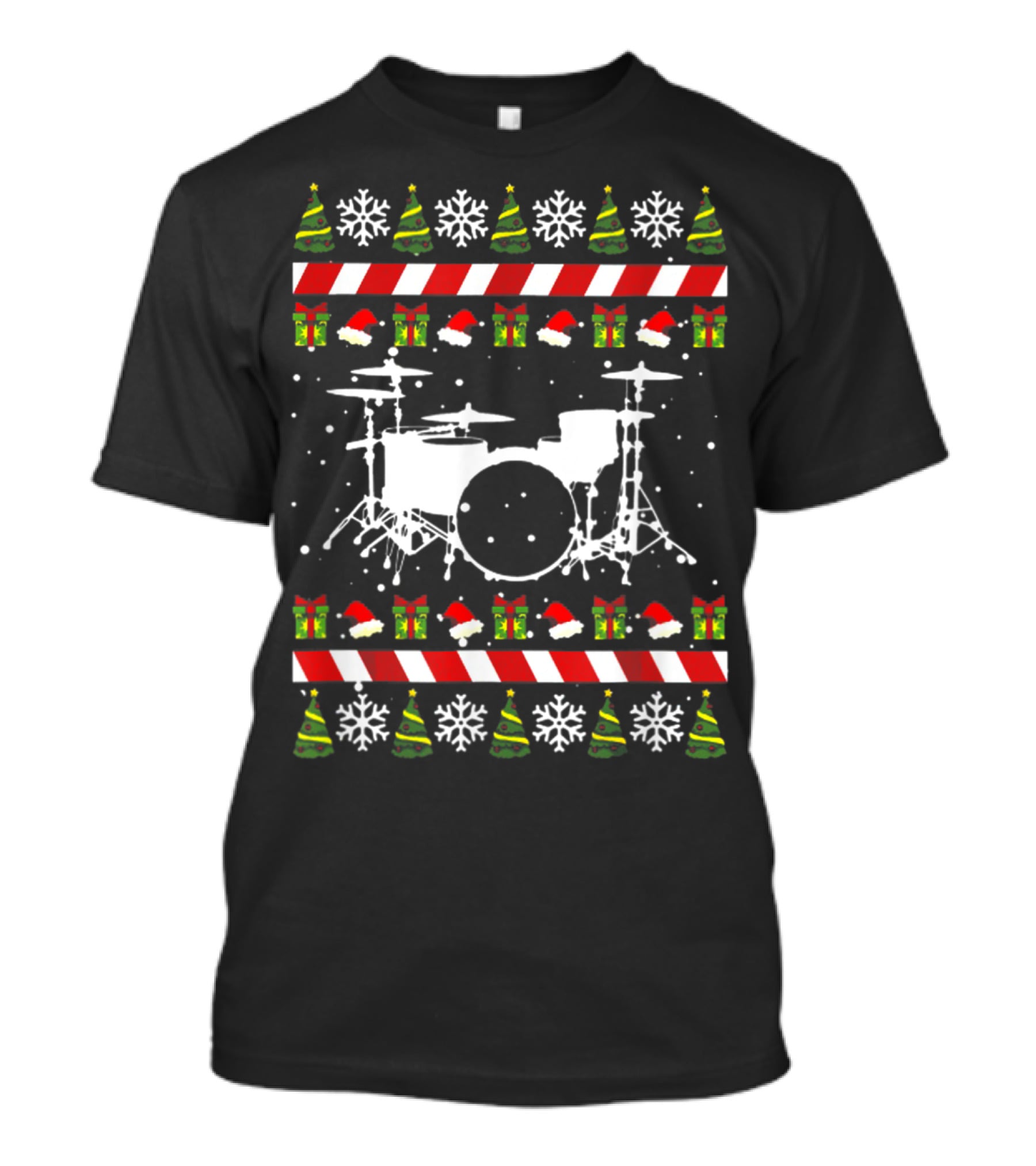 Santa Drummer Ugly Christmas Sweater Drum Kit Snowflakes Trees Gift Boxes T-Shirt