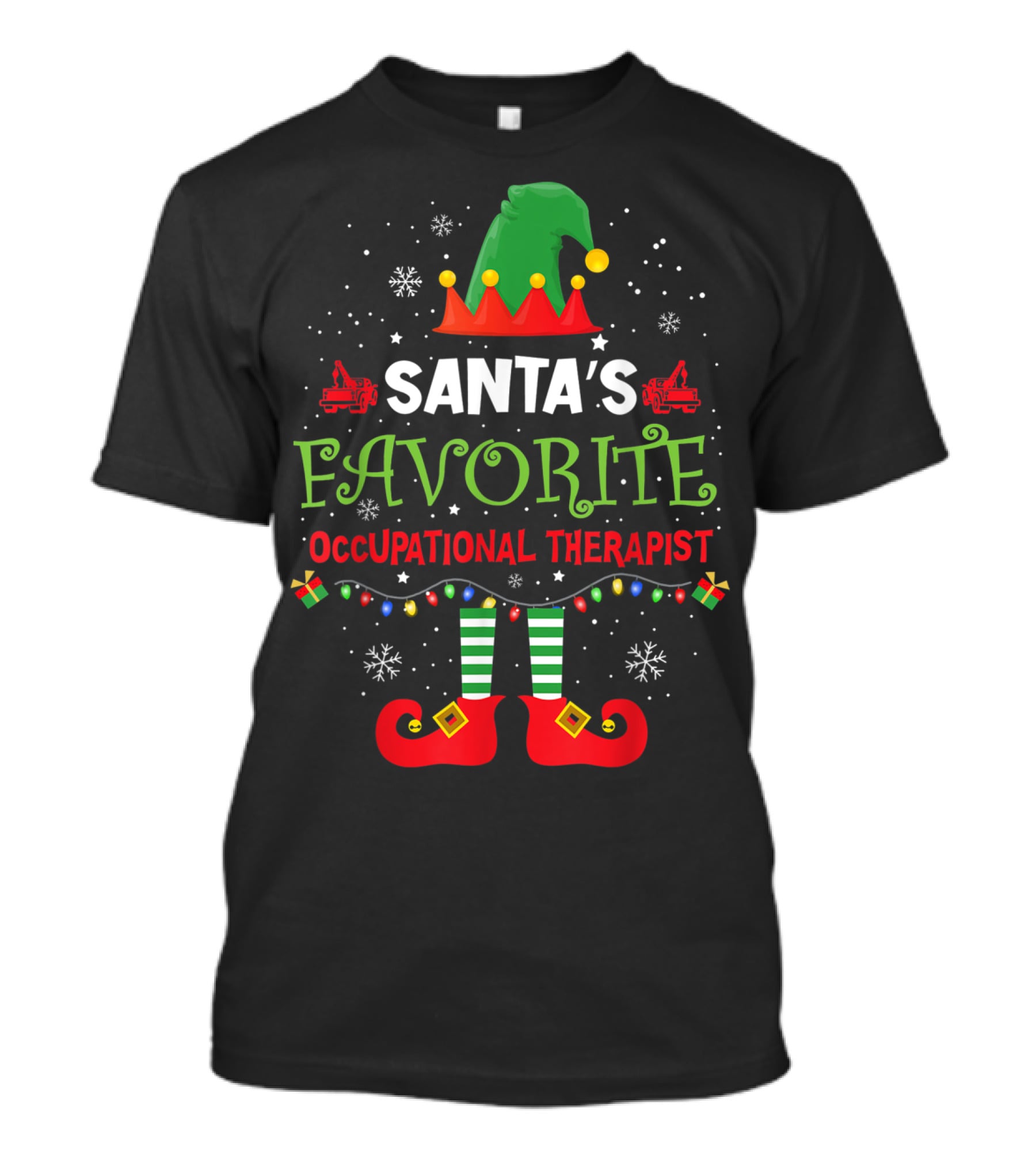 Santa's Favorite Occupational Therapist Merry Christmas Elf Hat Lights Snowflakes T-Shirt