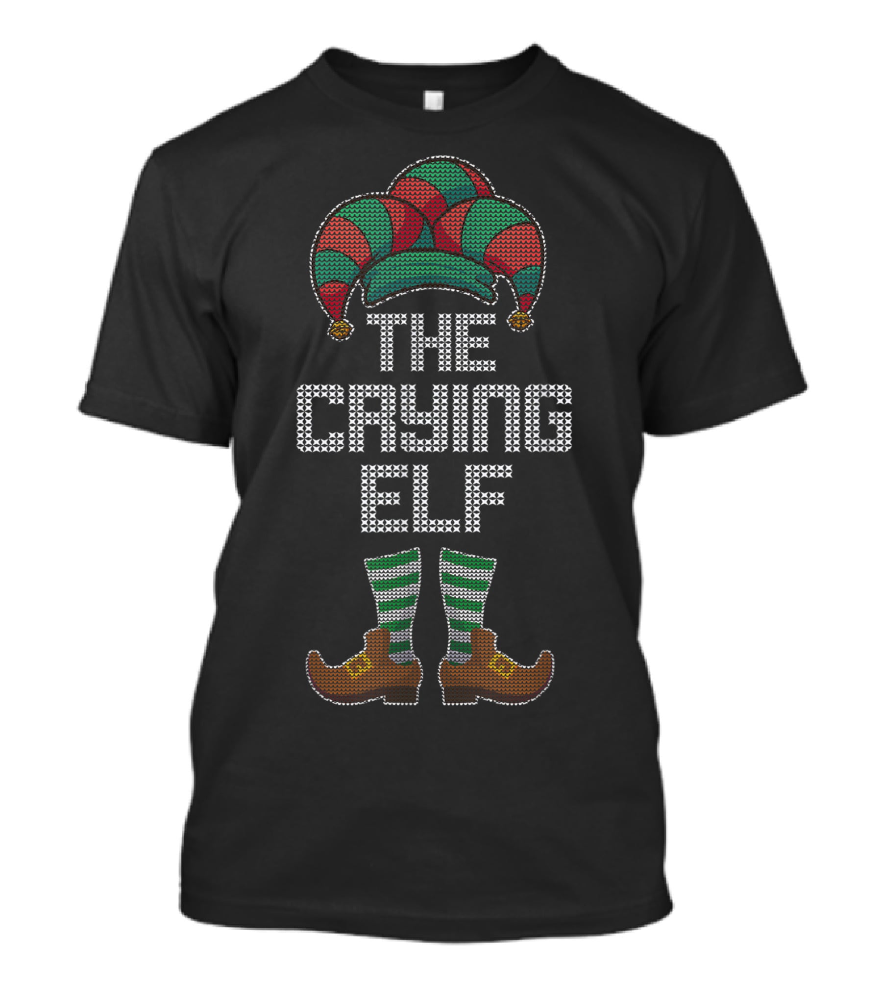 The Crying Elf Christmas Jester Hat And Striped Stockings T-Shirt