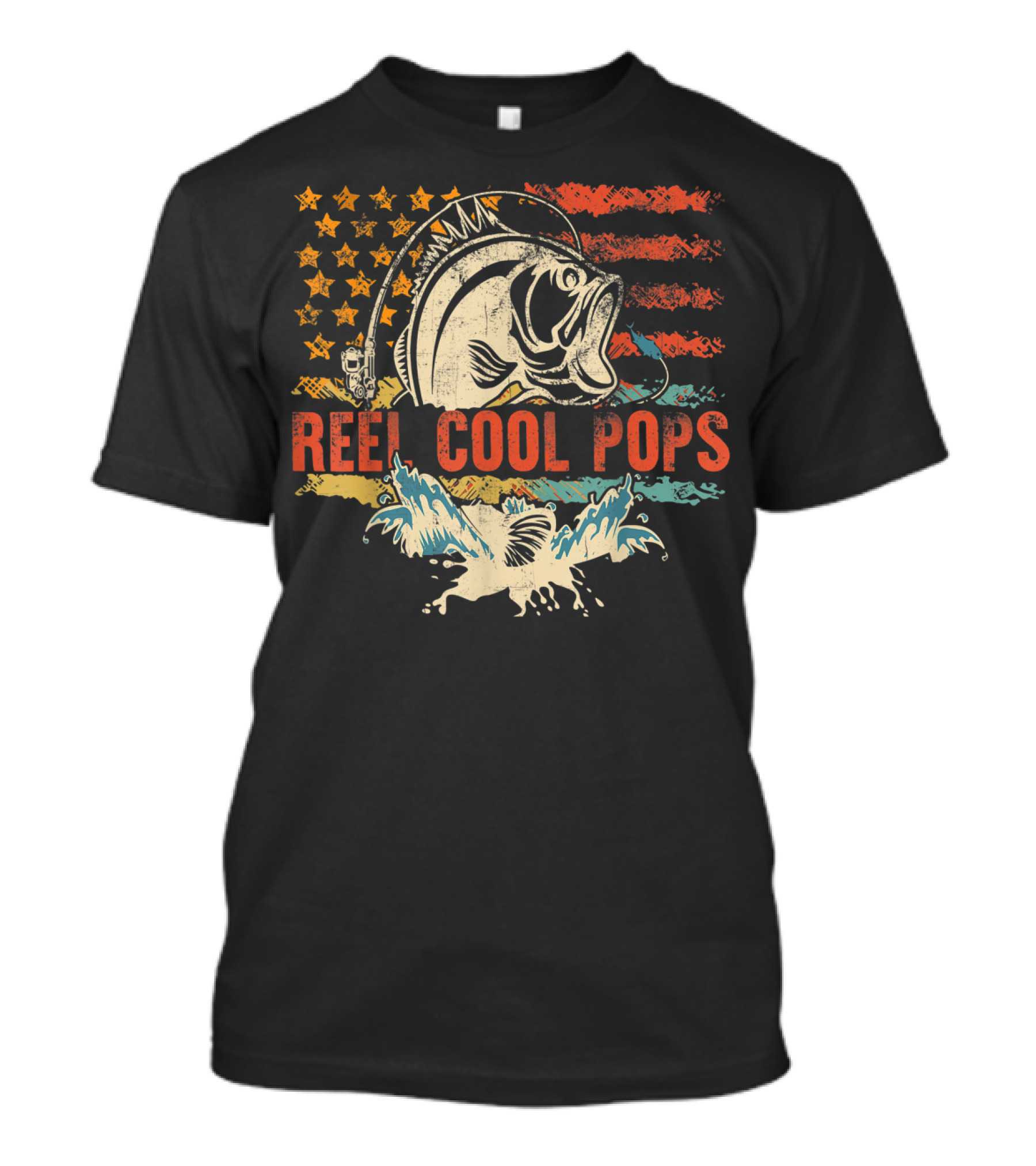 Reel Cool Pops Funny Fishing Father's Day American Flag Bass Fish Vintage Retro T-Shirt