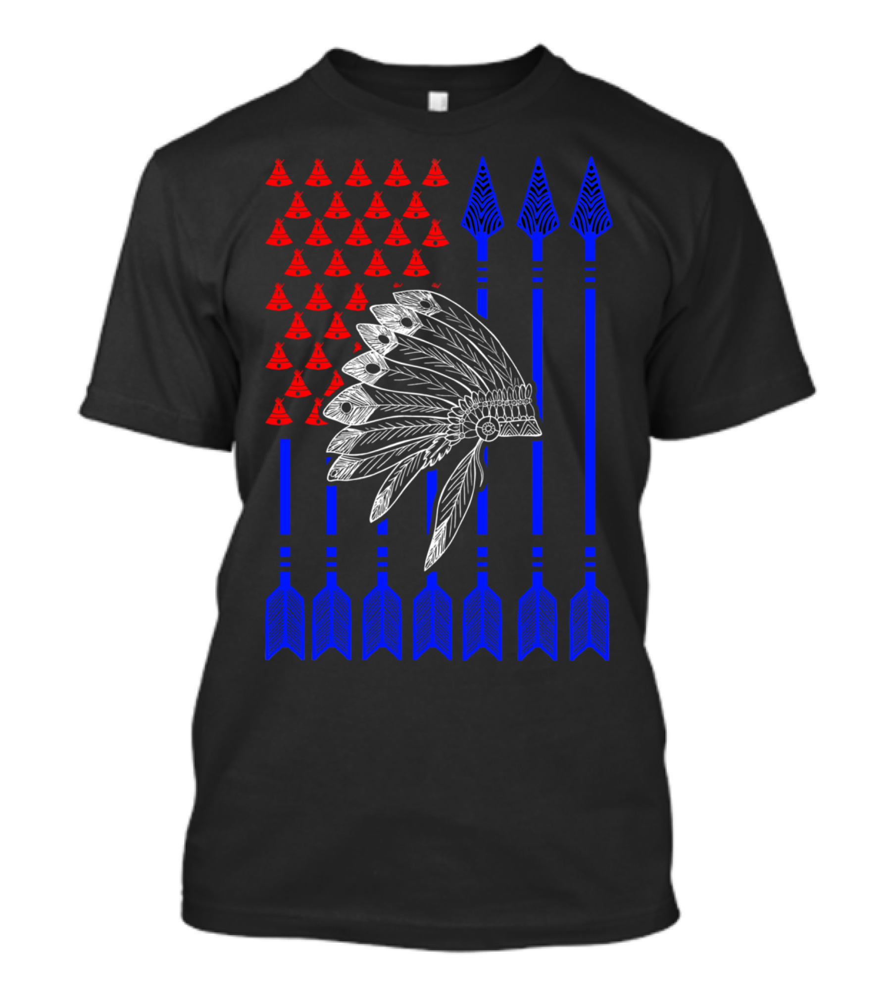 Native American Day Headdress Red Teepees Blue Arrows Flag T-Shirt