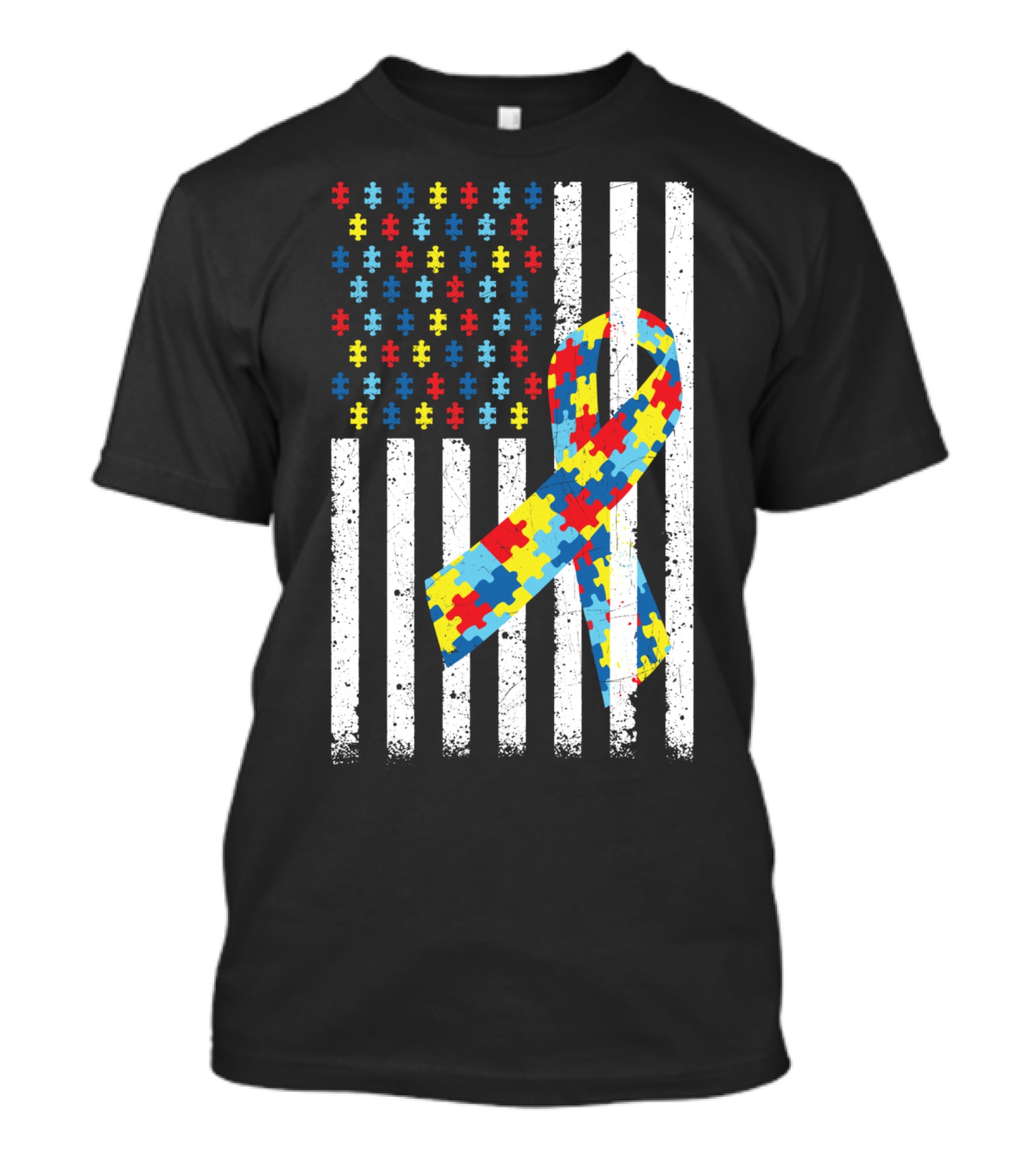 American Flag Jigsaw Puzzle Ribbon Autism Awareness T-Shirt