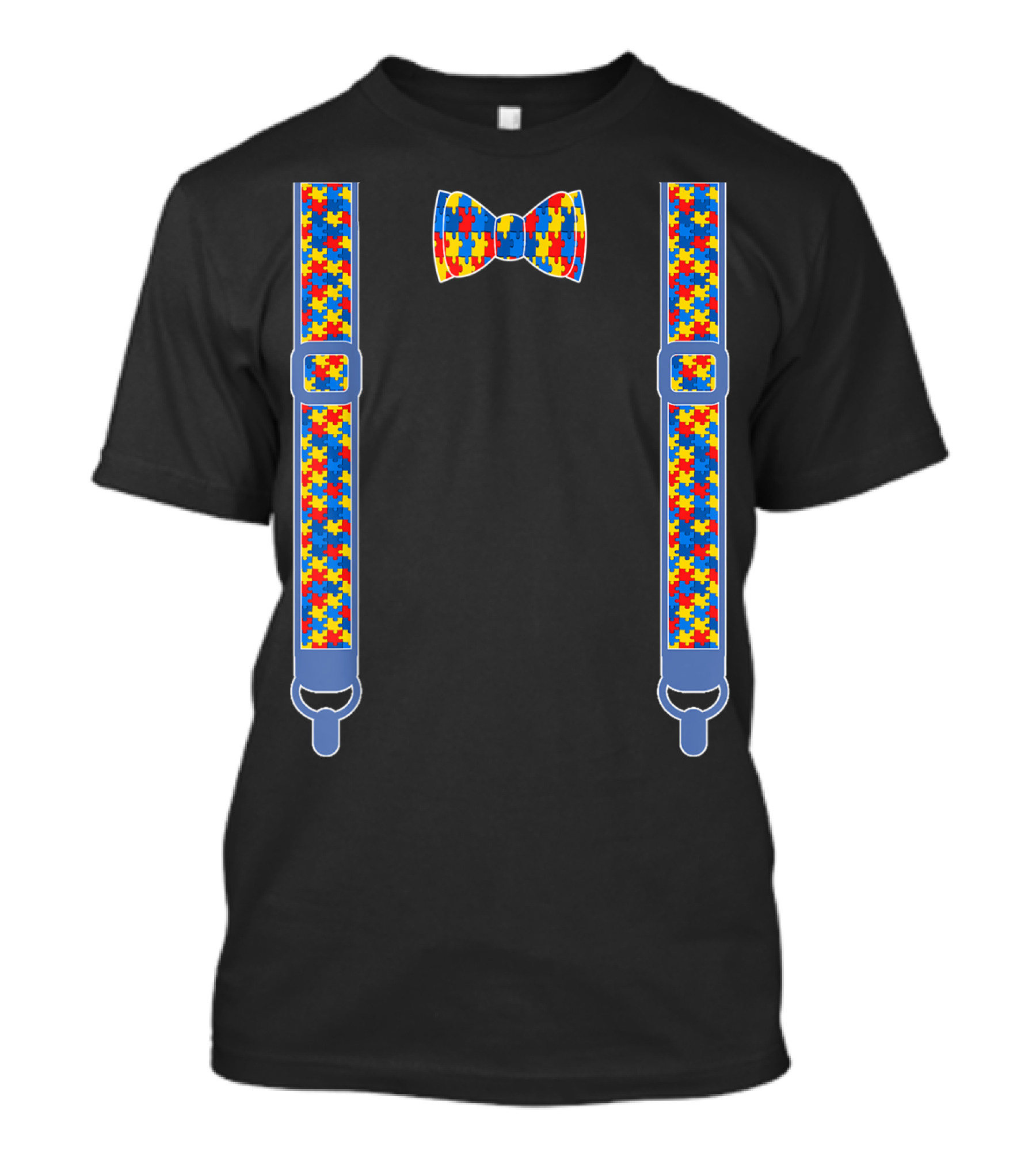 Autism Awareness Puzzle Piece Bow Tie And Suspenders T-Shirt