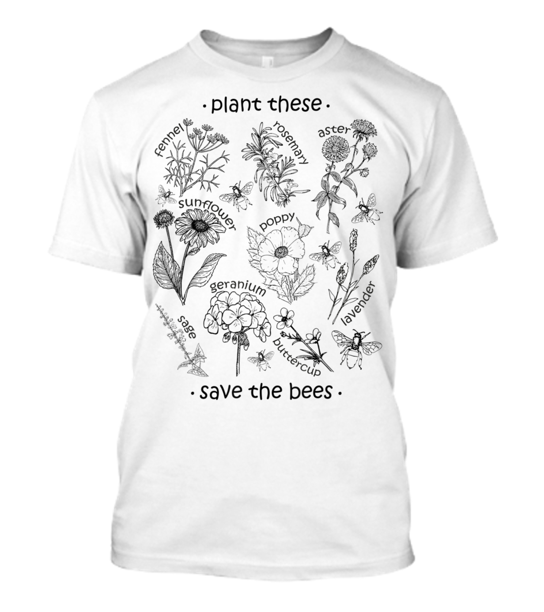 Plant These Wildflowers Lavender Sunflower Poppy Hyssop Goldenrod Clover Save The Bees T-Shirt