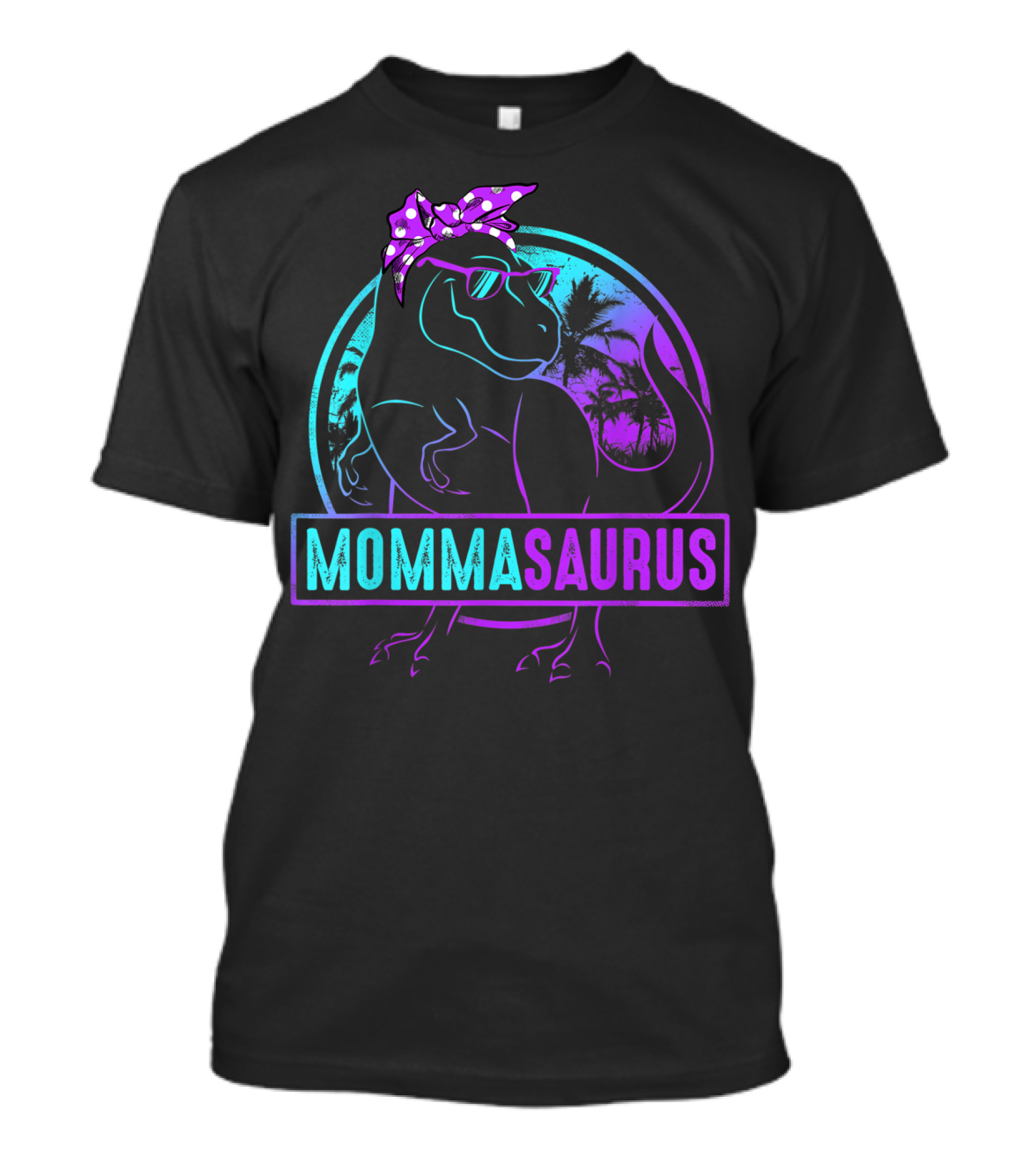 Mommasaurus Dinosaur With Bandana Sunglasses And Tropical Background T-Shirt