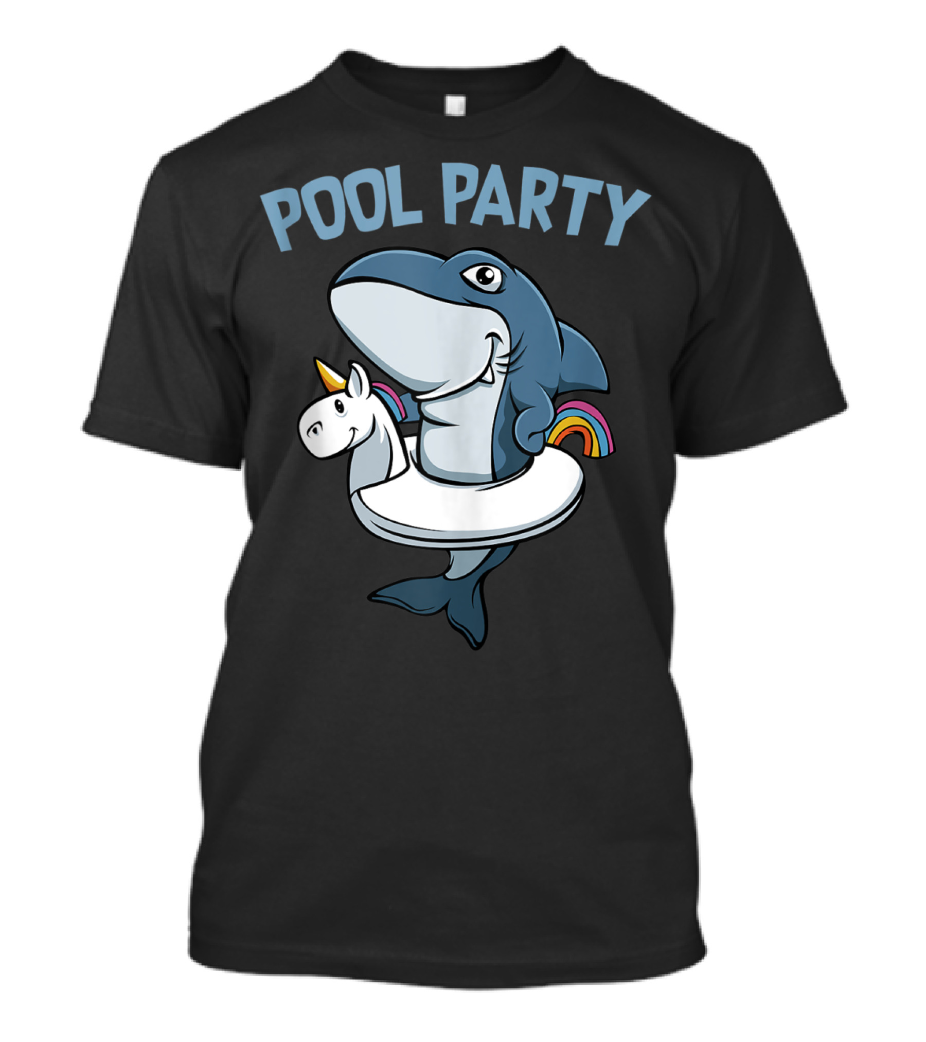 Pool Party Shark With Unicorn Float Rainbow Funny Summer Beach T-Shirt