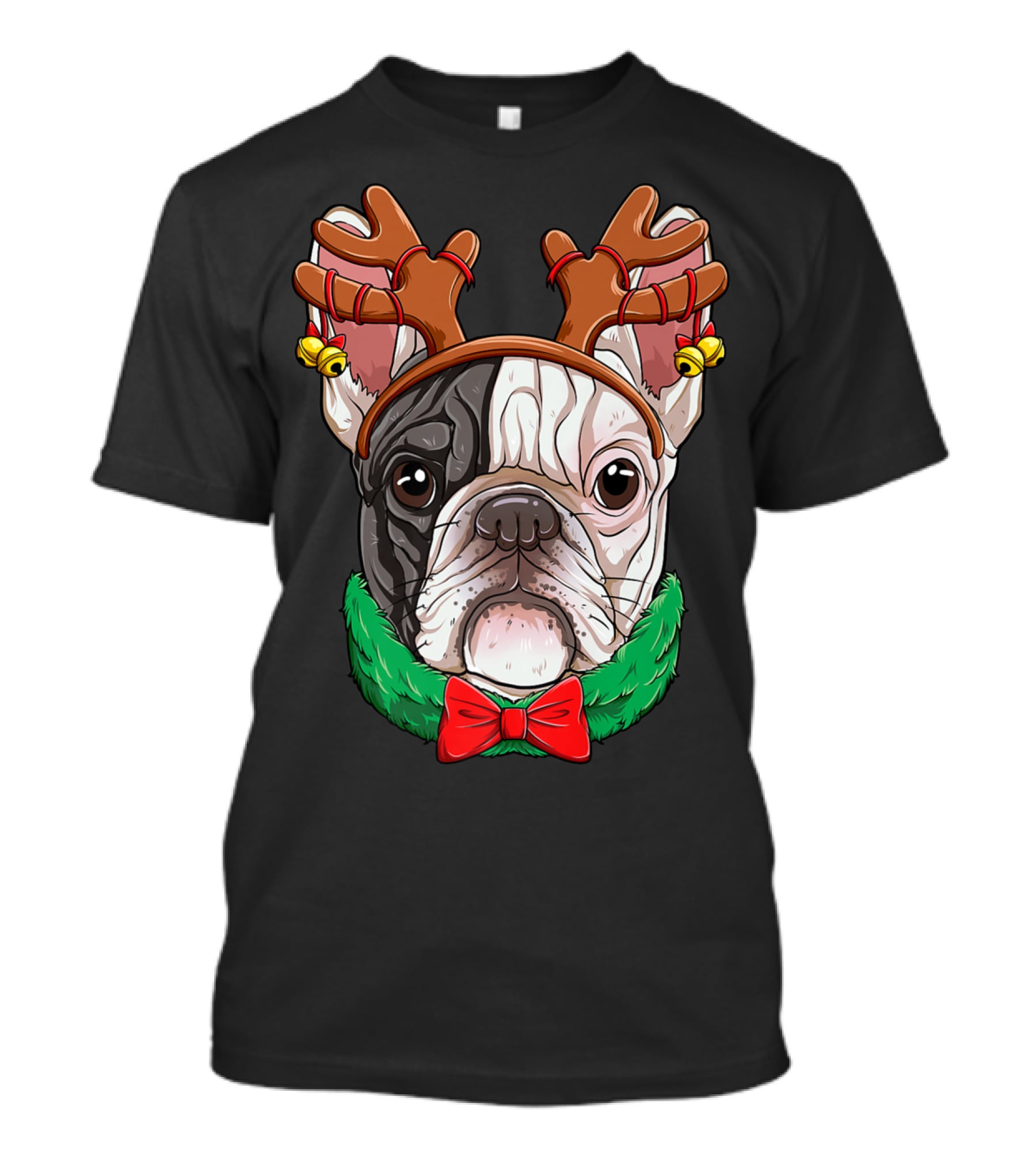 French Bulldog With Christmas Reindeer Antlers And Bow Tie T-Shirt