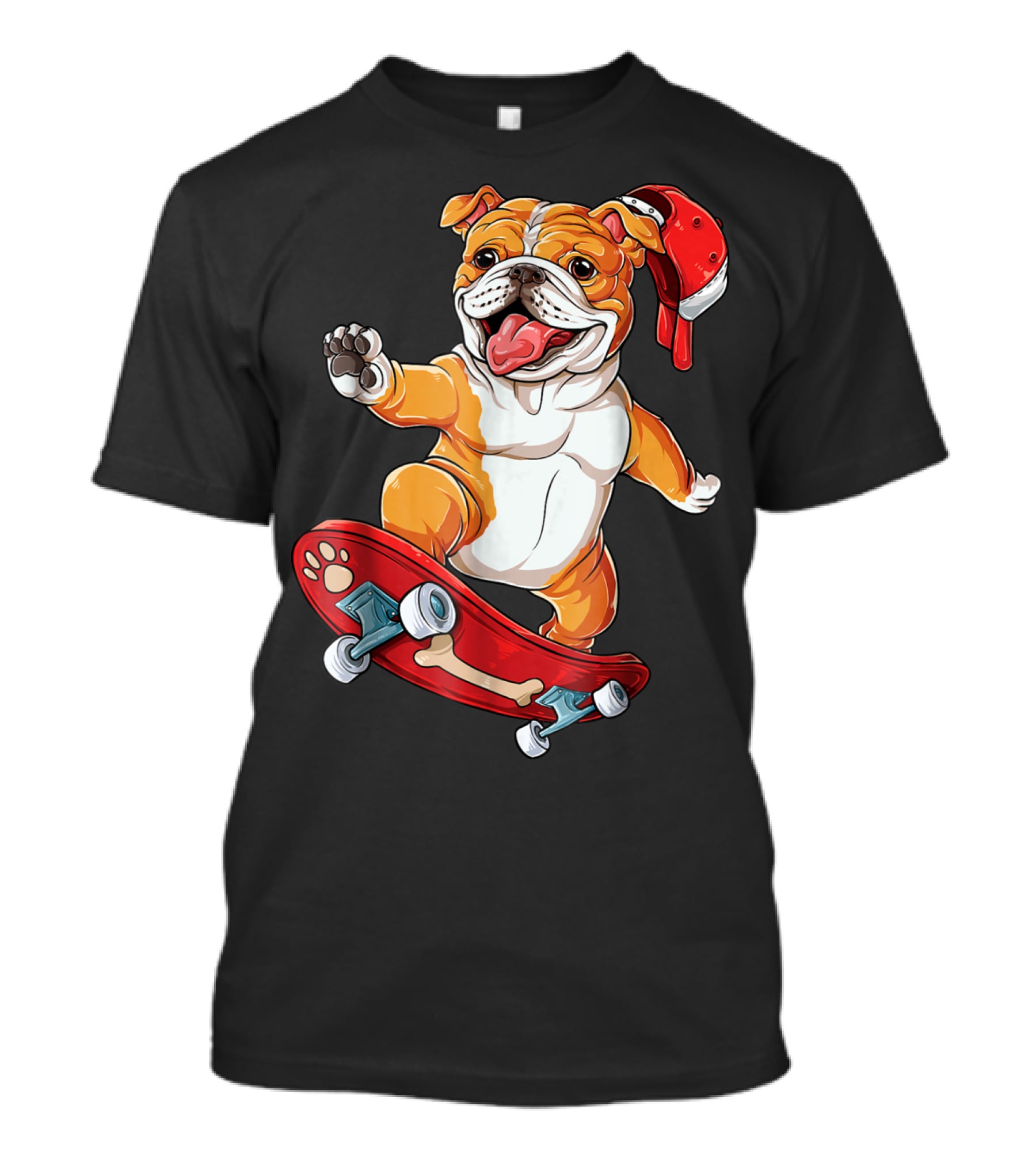 English Bulldog With Red Cap Skating On Bone Deck Skateboard T-Shirt