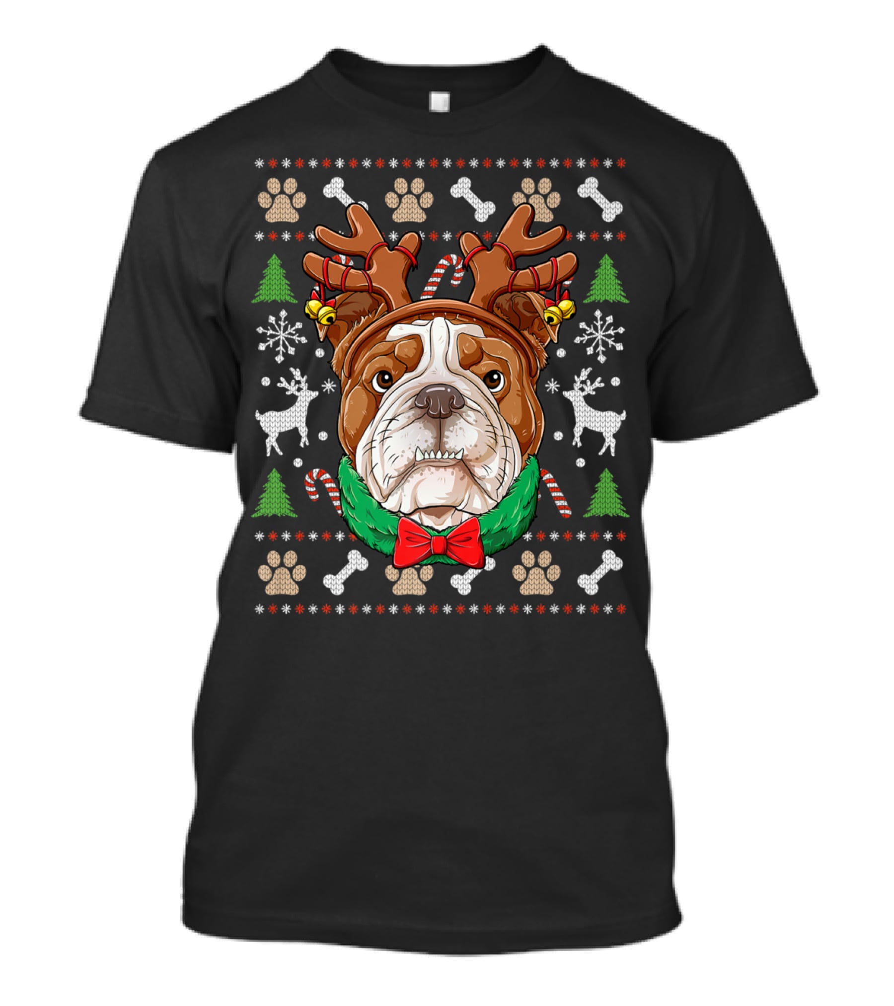 English Bulldog Reindeer Antlers Christmas Ugly T-Shirt
