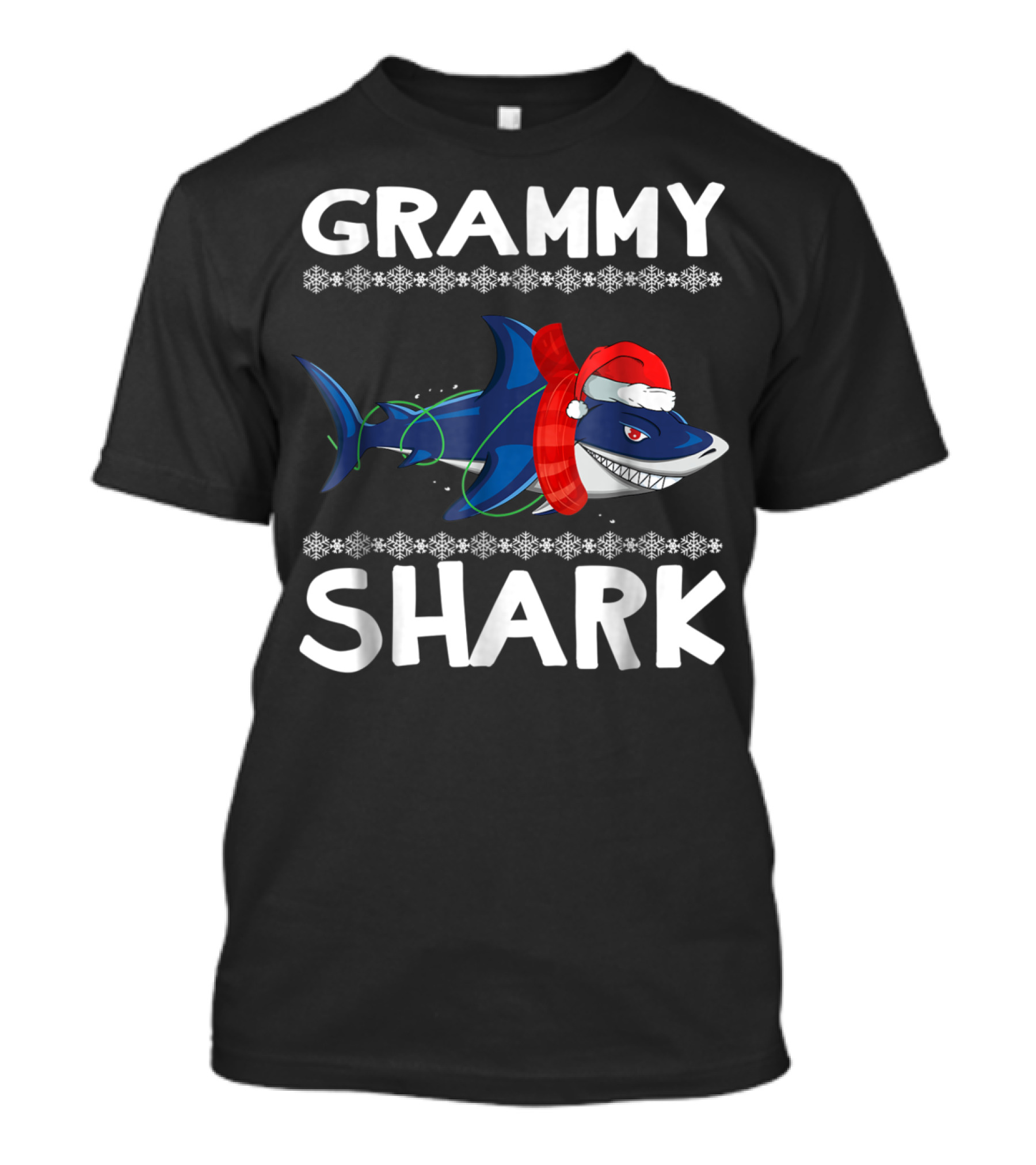 Grammy Shark Christmas Family With Santa Hat And Scarf T-Shirt