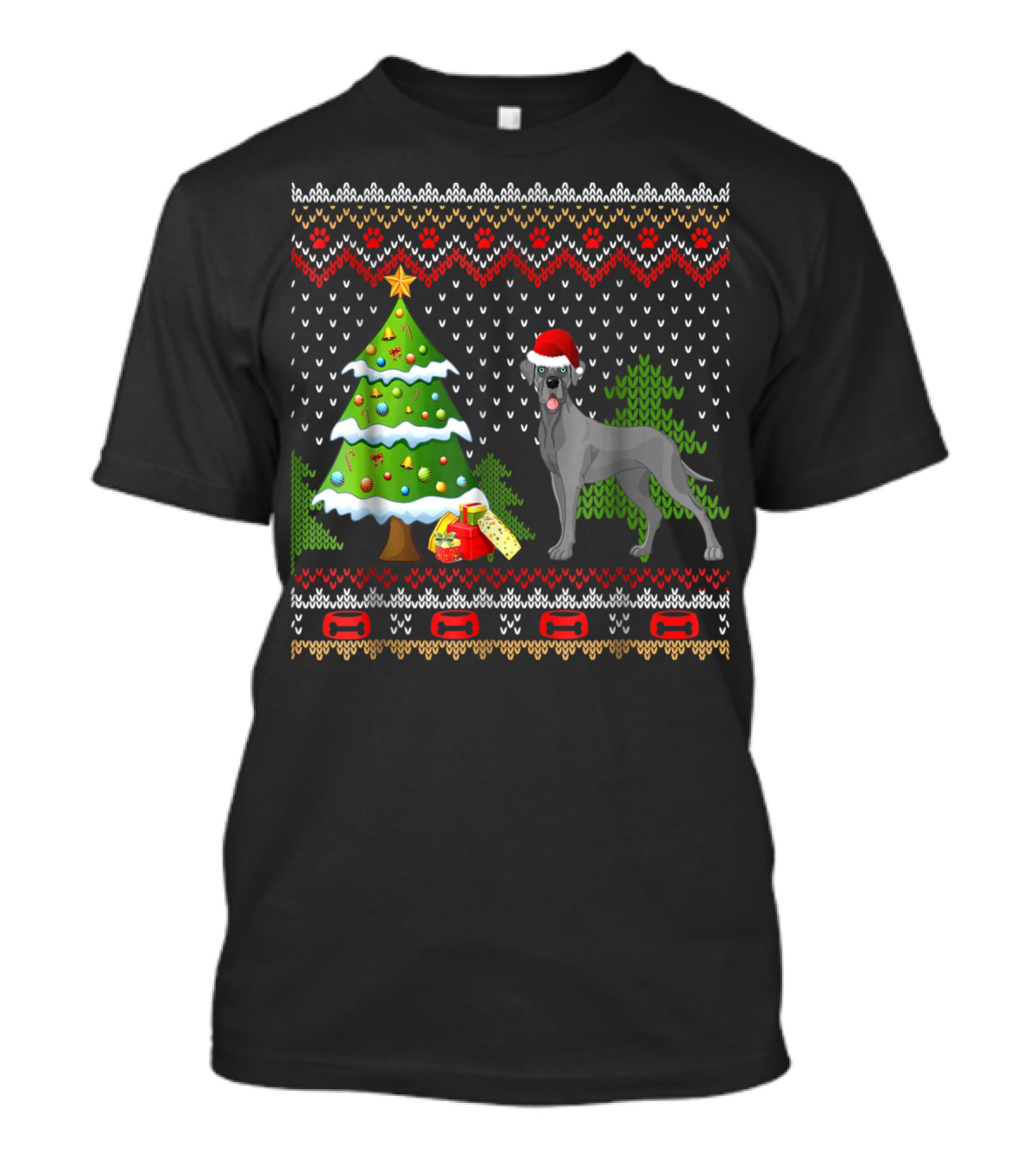 Great Danes Santa Christmas UglyDog Holiday Sweater Tree Present T-Shirt