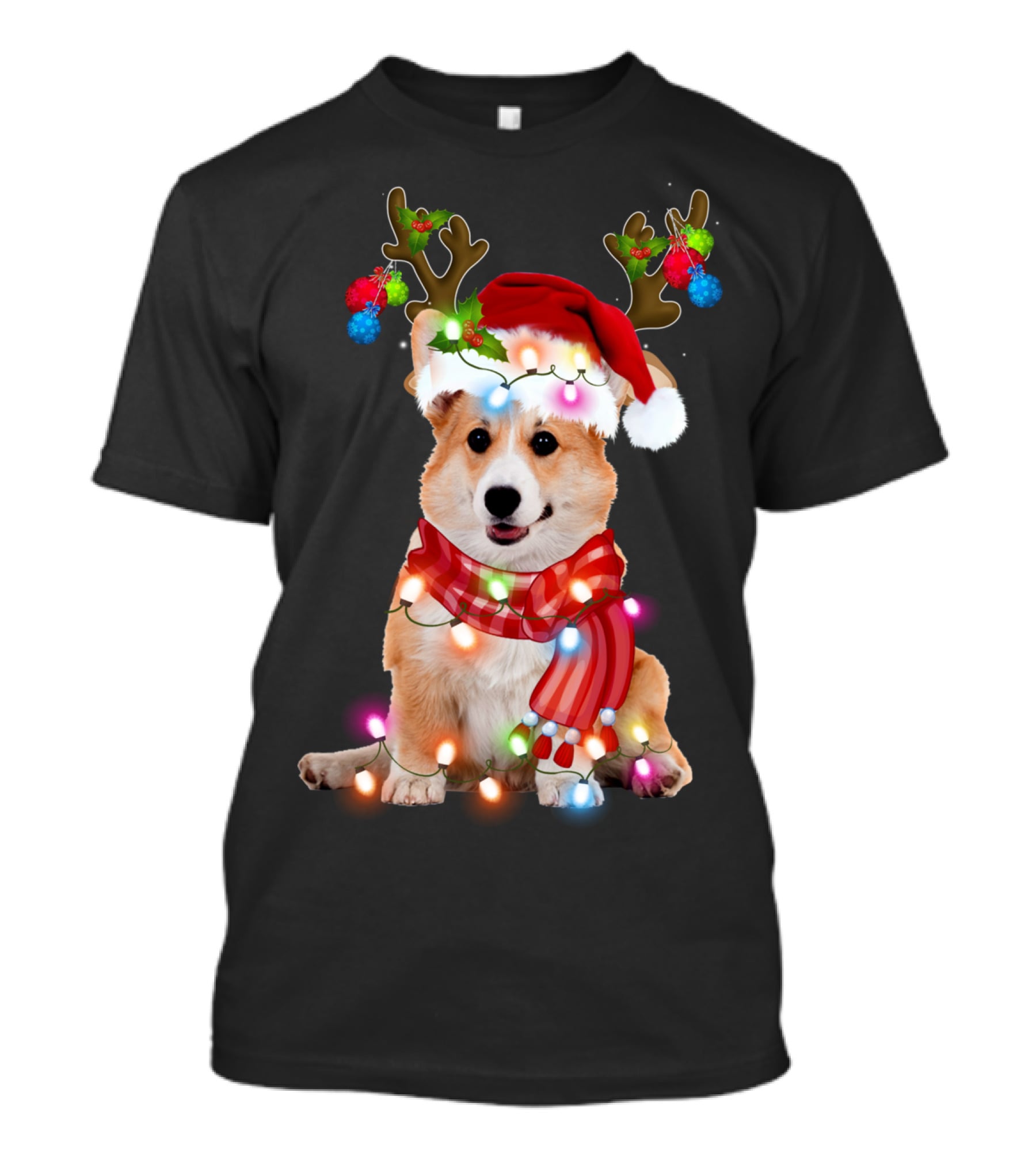 Corgi Christmas Reindeer Antlers Festive Lights And Santa Hat T-Shirt