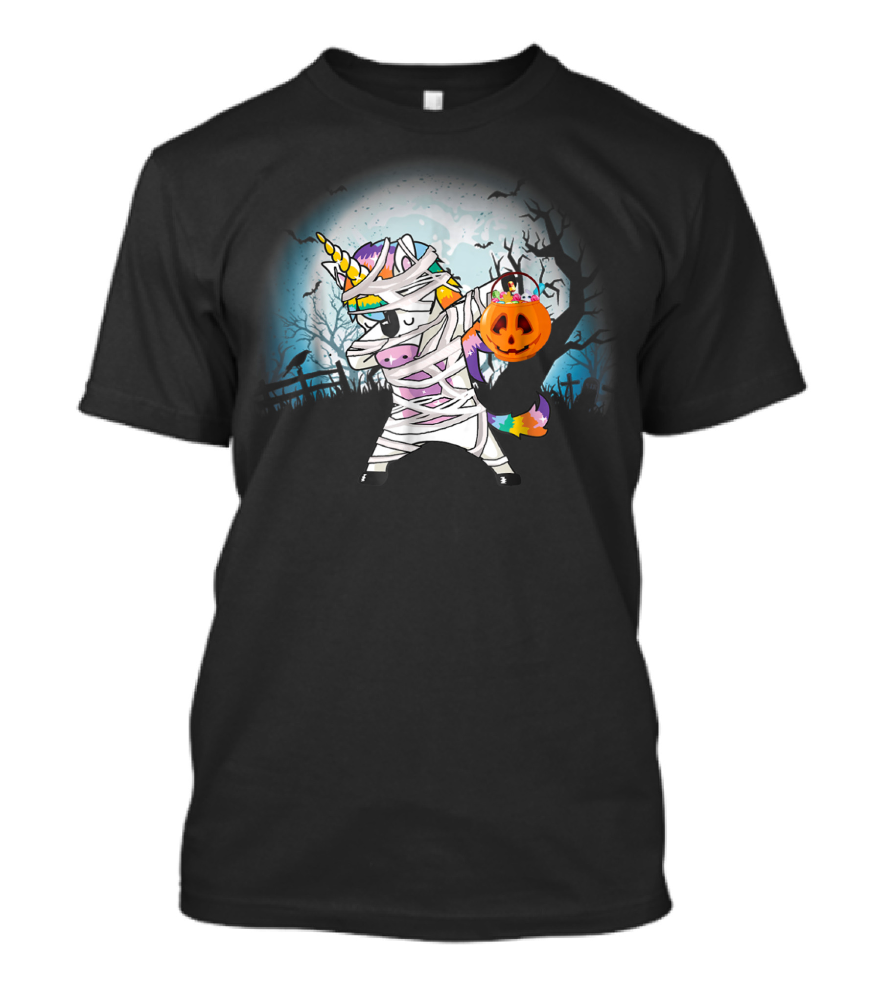 Halloween Mummy Unicorn Dabbing With Pumpkin Basket T-Shirt