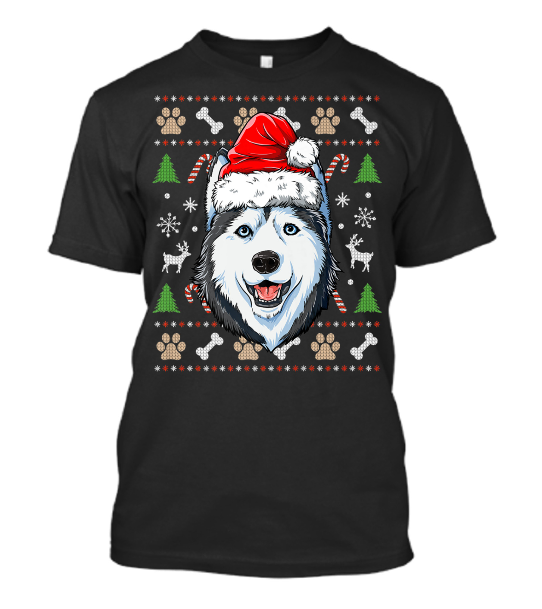 Siberian Husky Santa Hat Snowflakes Candy Canes Christmas Paw Prints T-Shirt