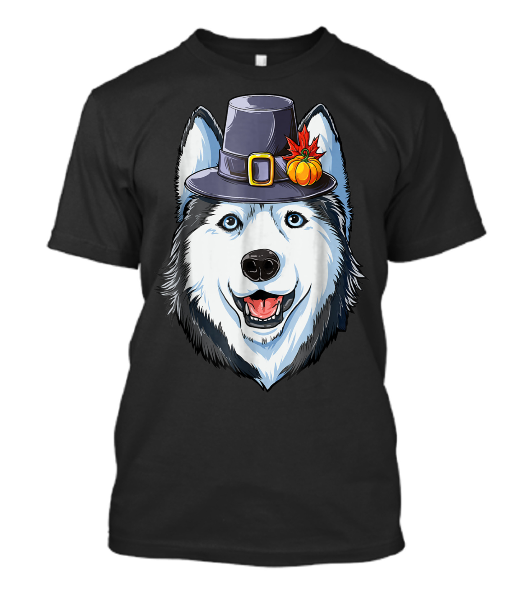 Thanksgiving Pilgrim Hat Siberian Husky With Pumpkin And Maple Leaf T-Shirt