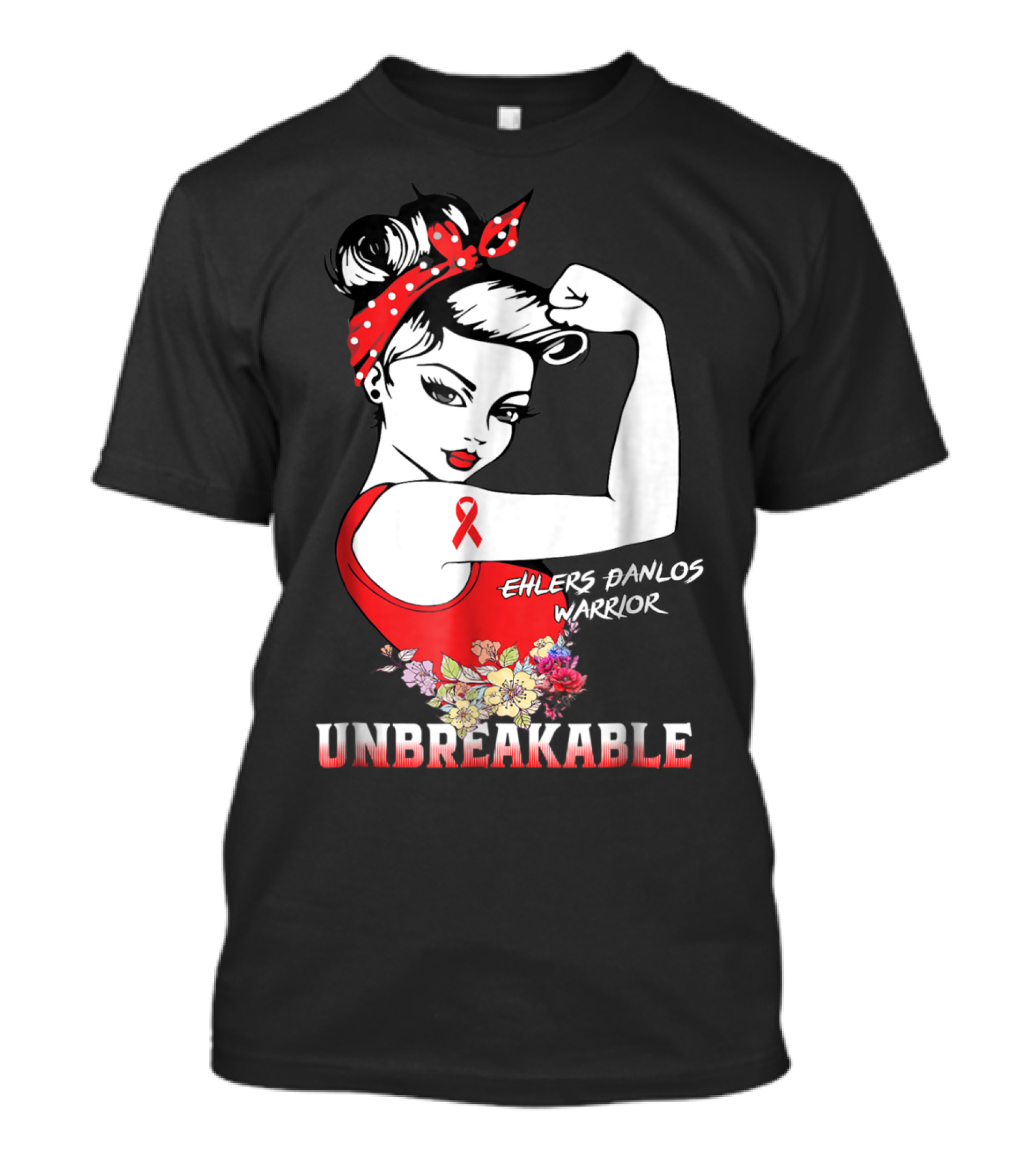 Ehlers Danlos Warrior Unbreakable Rosie The Riveter Style With Ribbon And Floral Elements T-Shirt