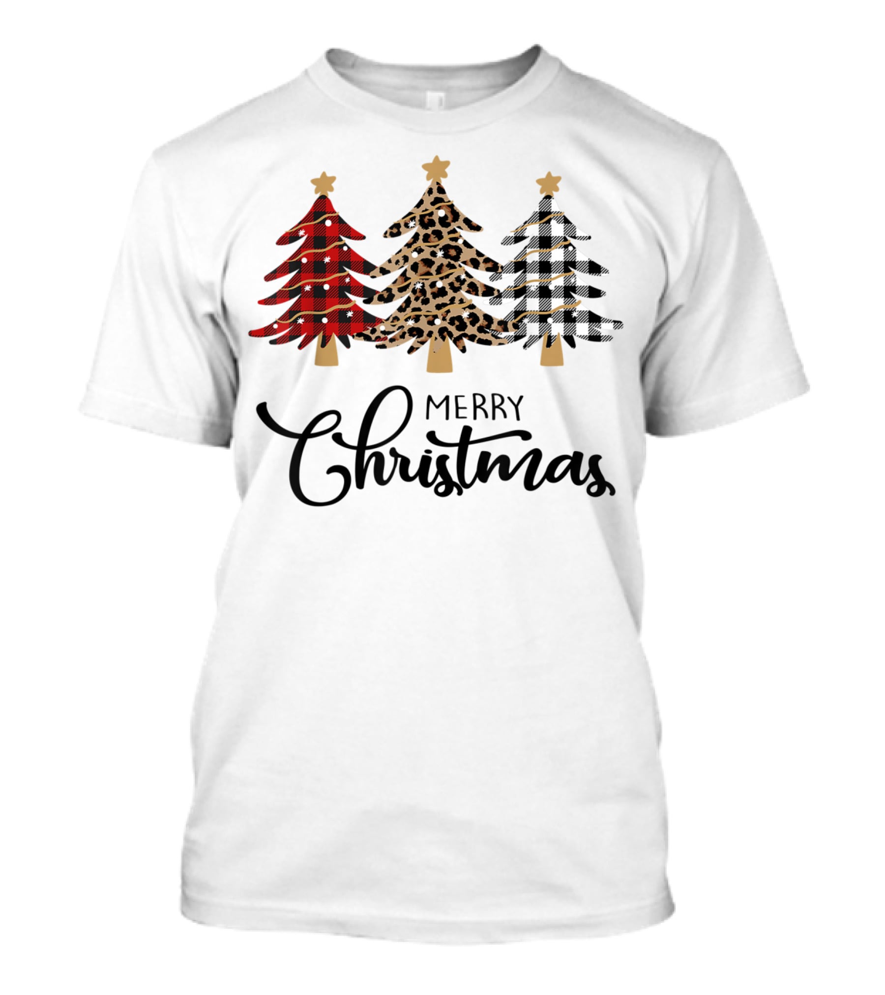 Merry Christmas Plaid Leopard Trees T-Shirt
