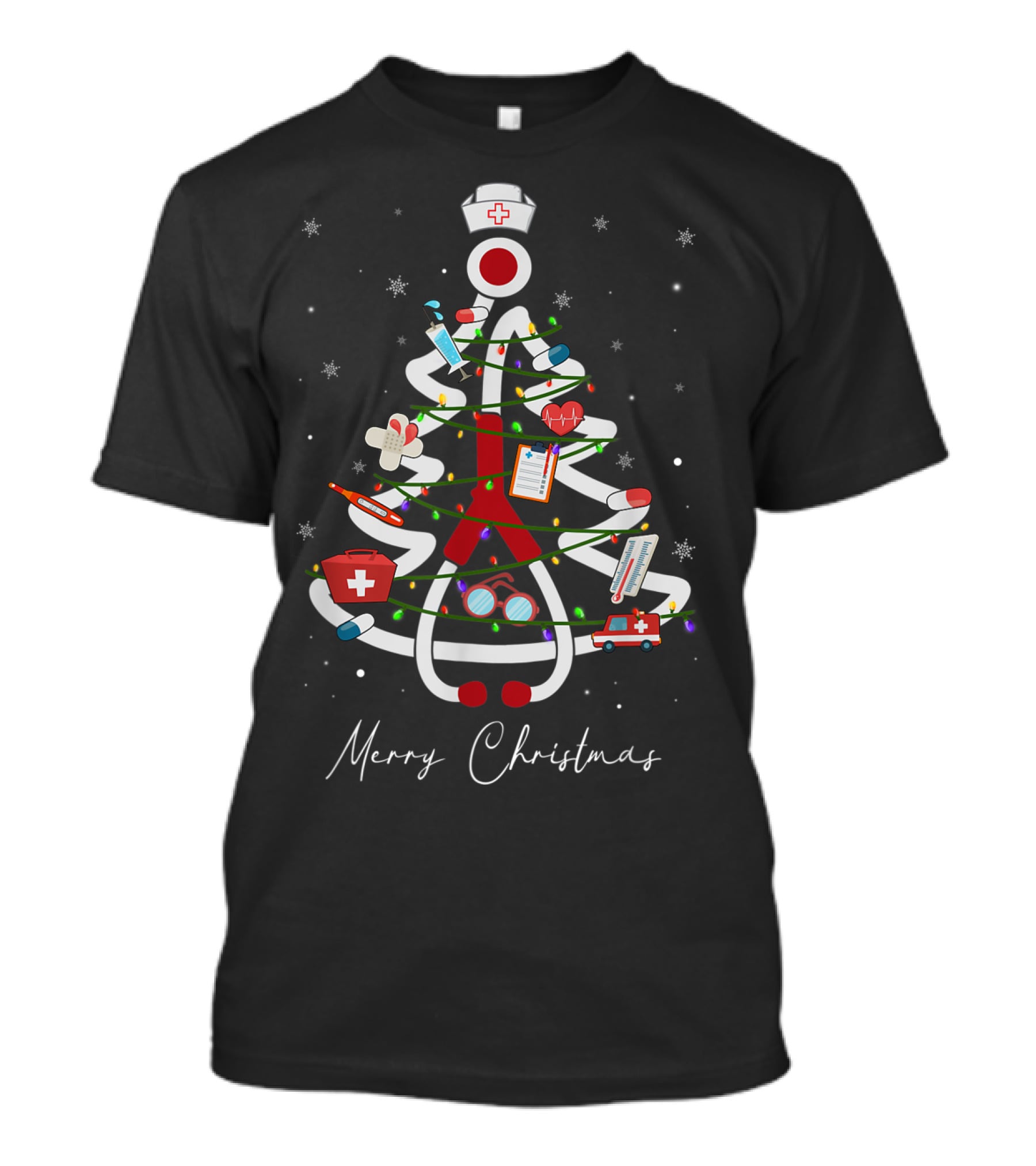 Merry Christmas Nurse Stethoscope Xmas Tree Medical Holiday Decorations T-Shirt