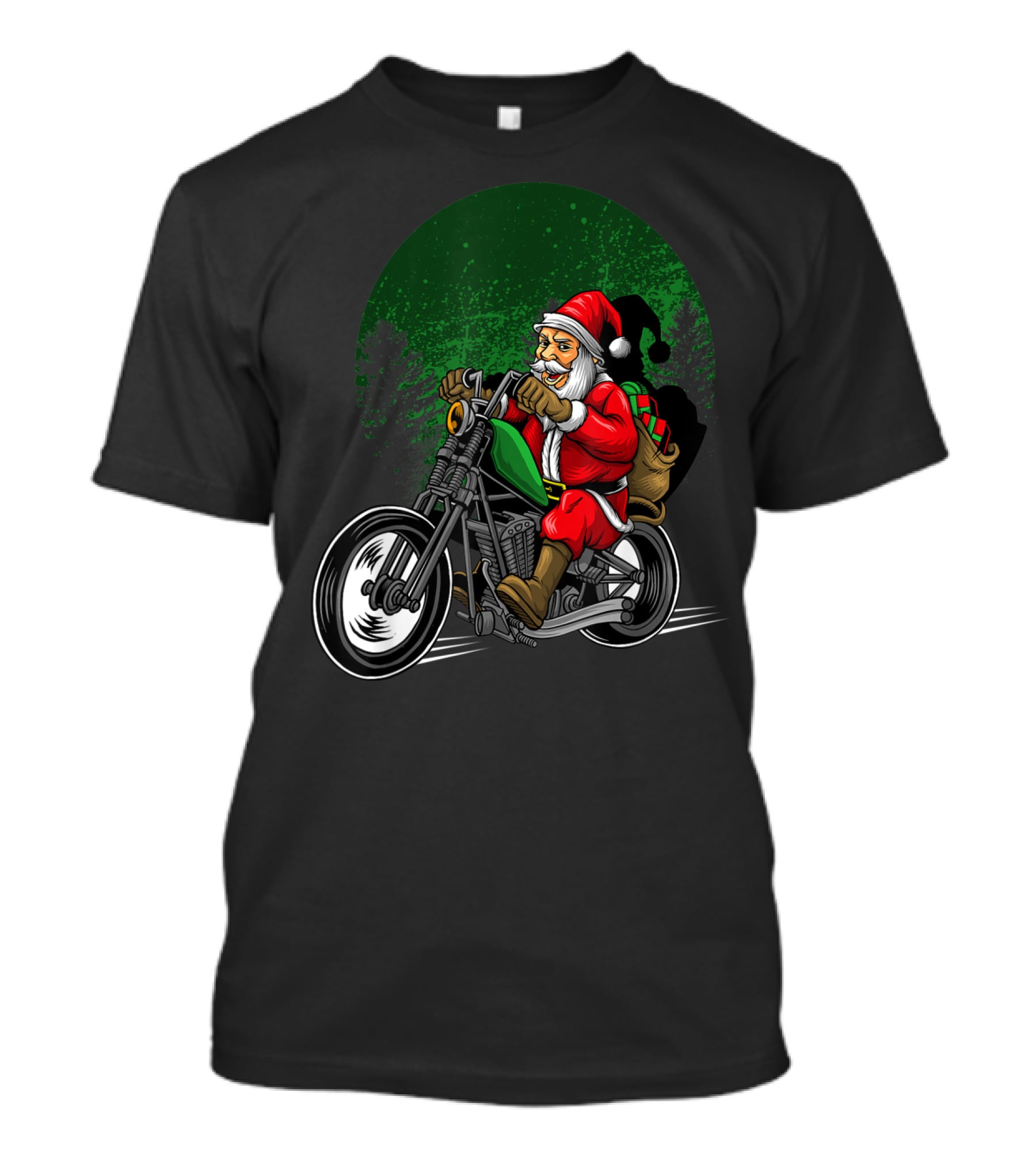 Motorcycle Santa Riding Through Festive Forest T-Shirt