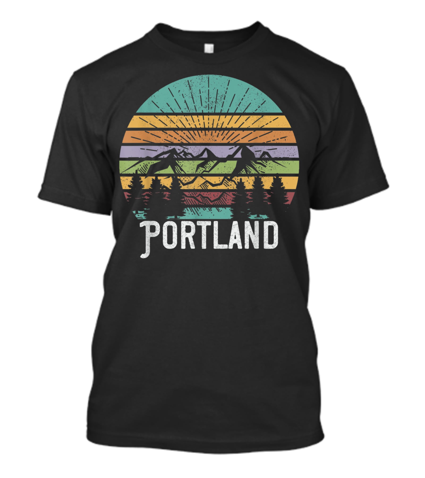 Portland Oregon Vintage Mountain Sunset 70's Forest Scene T-Shirt