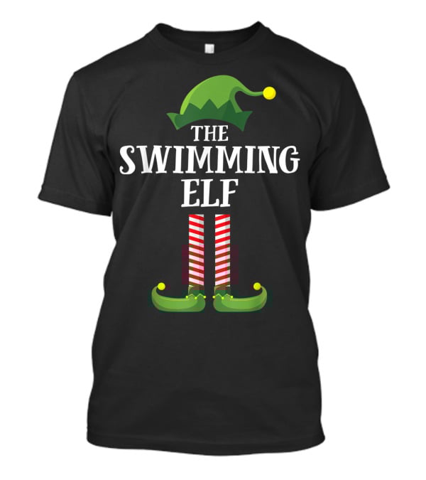 The Swimming Elf Matching Family Group Christmas Hat And Striped Stockings T-Shirt