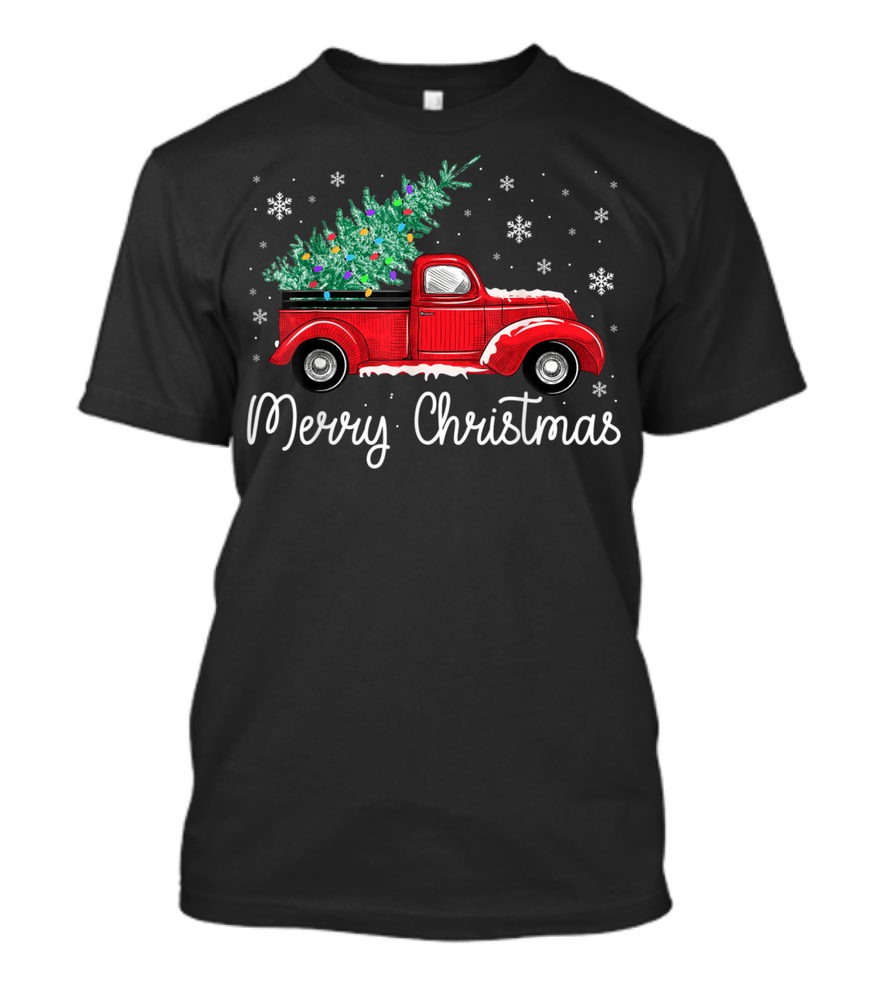 Vintage Red Truck With Christmas Tree And Merry Christmas Snowflakes T-Shirt