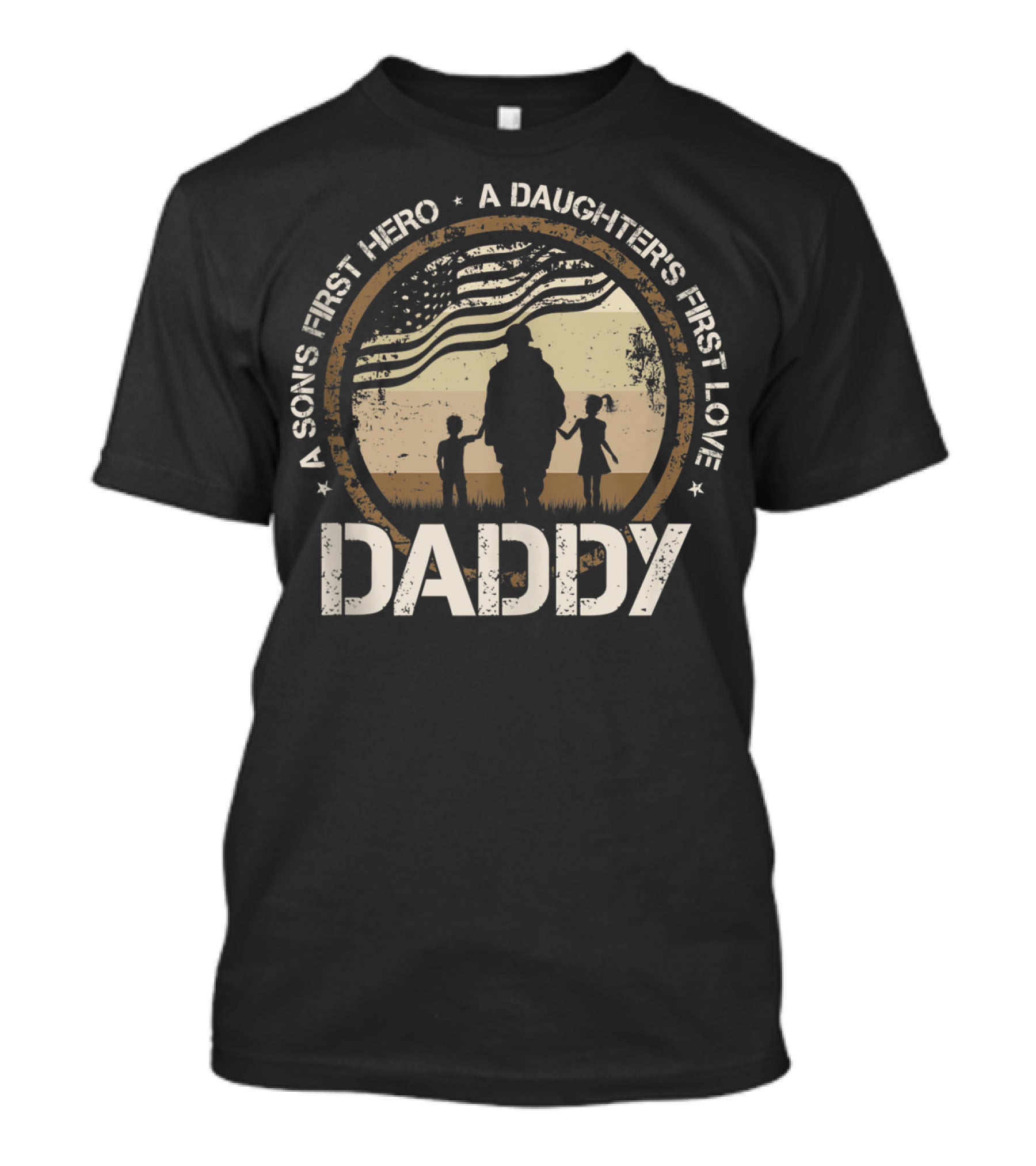 Daddy A Son's First Hero A Daughter's First Love Silhouette With American Flag T-Shirt