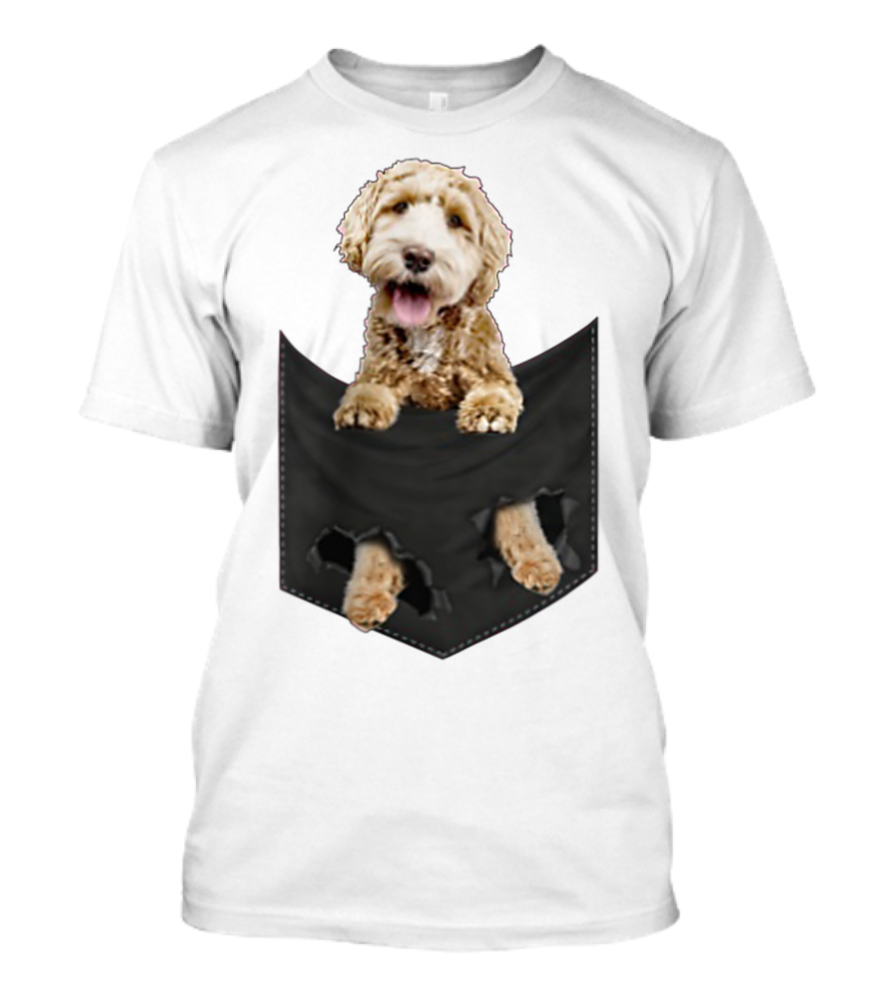 Dog In Your Pocket Labradoodle Peeking Out Pawing Through Black Pocket T-Shirt