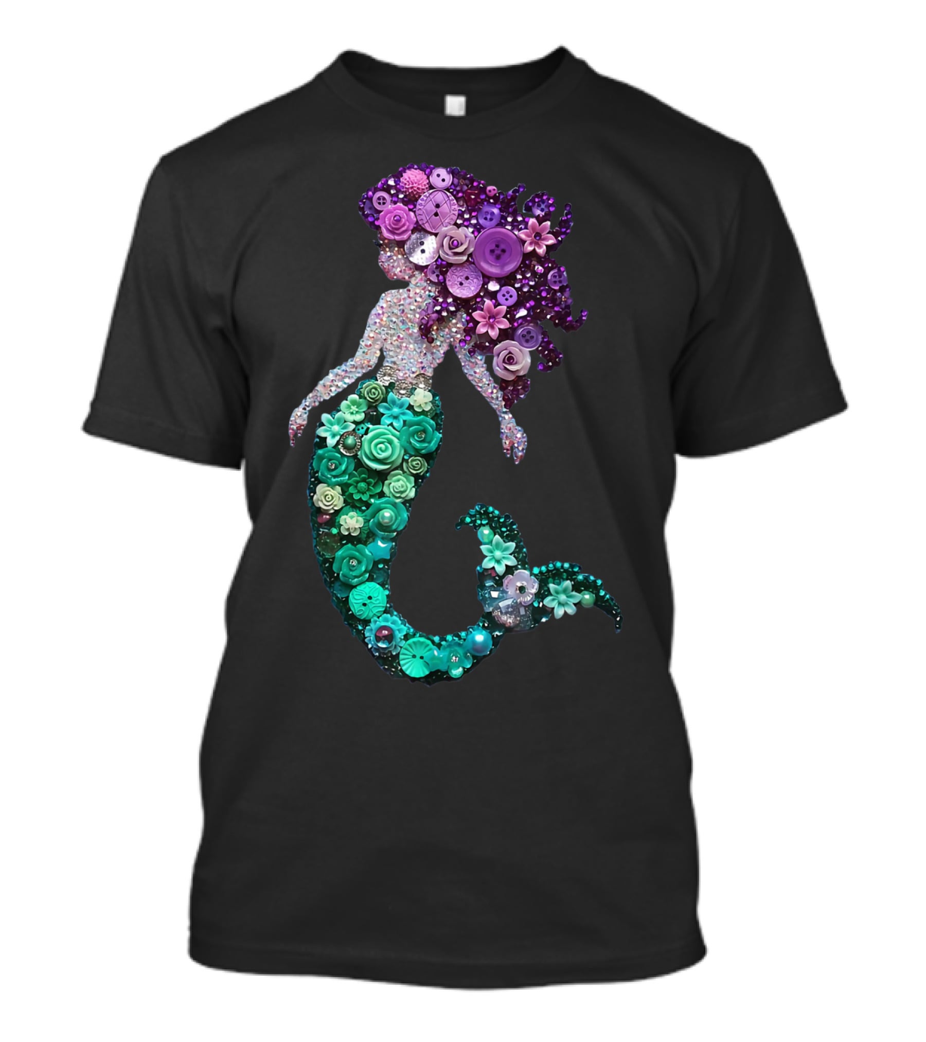 Flower Mermaid Purple Green Buttons T-Shirt