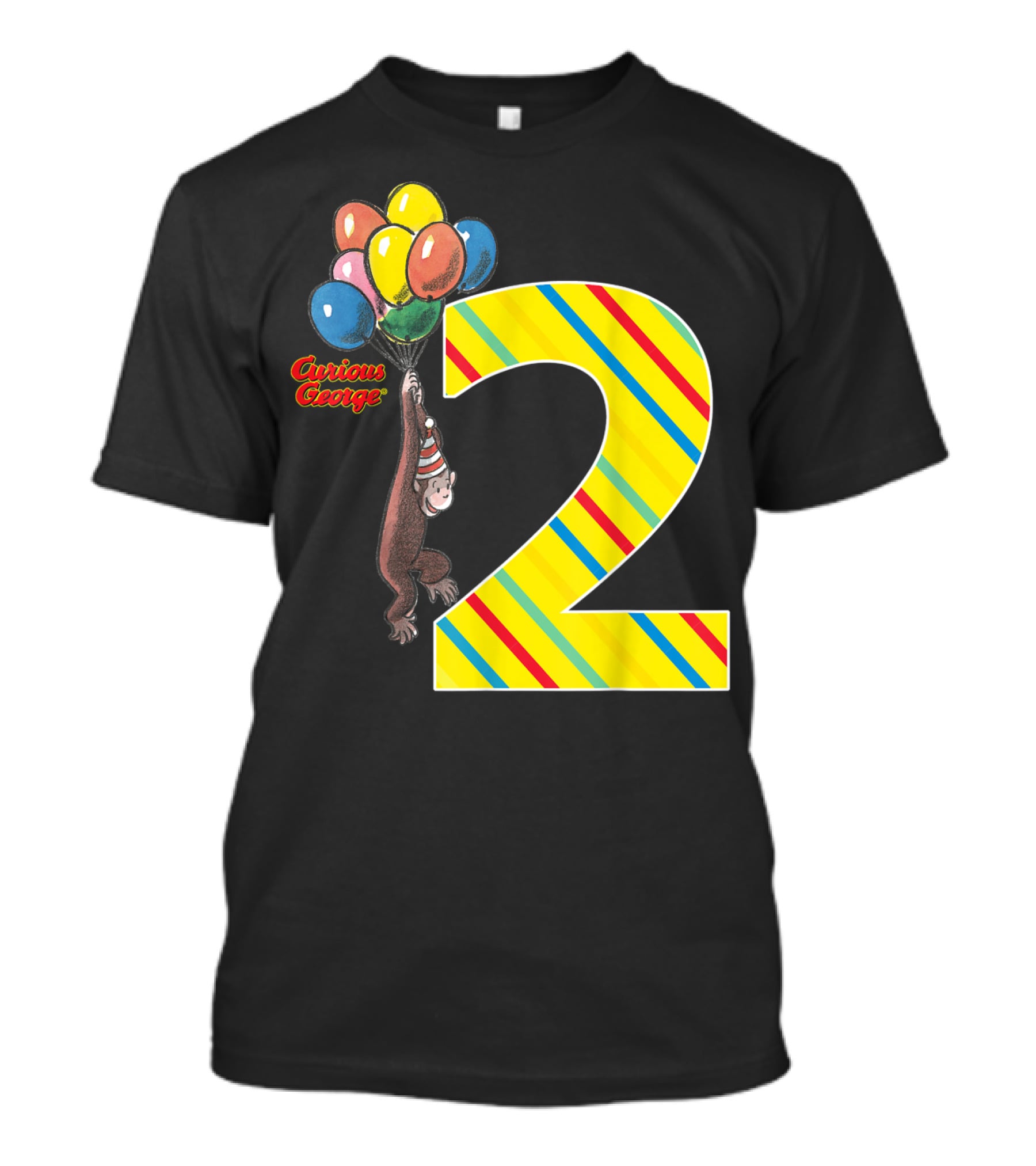 Curious George Holding Balloons Next To Colorful Striped Number 2 For Second Birthday T-Shirt