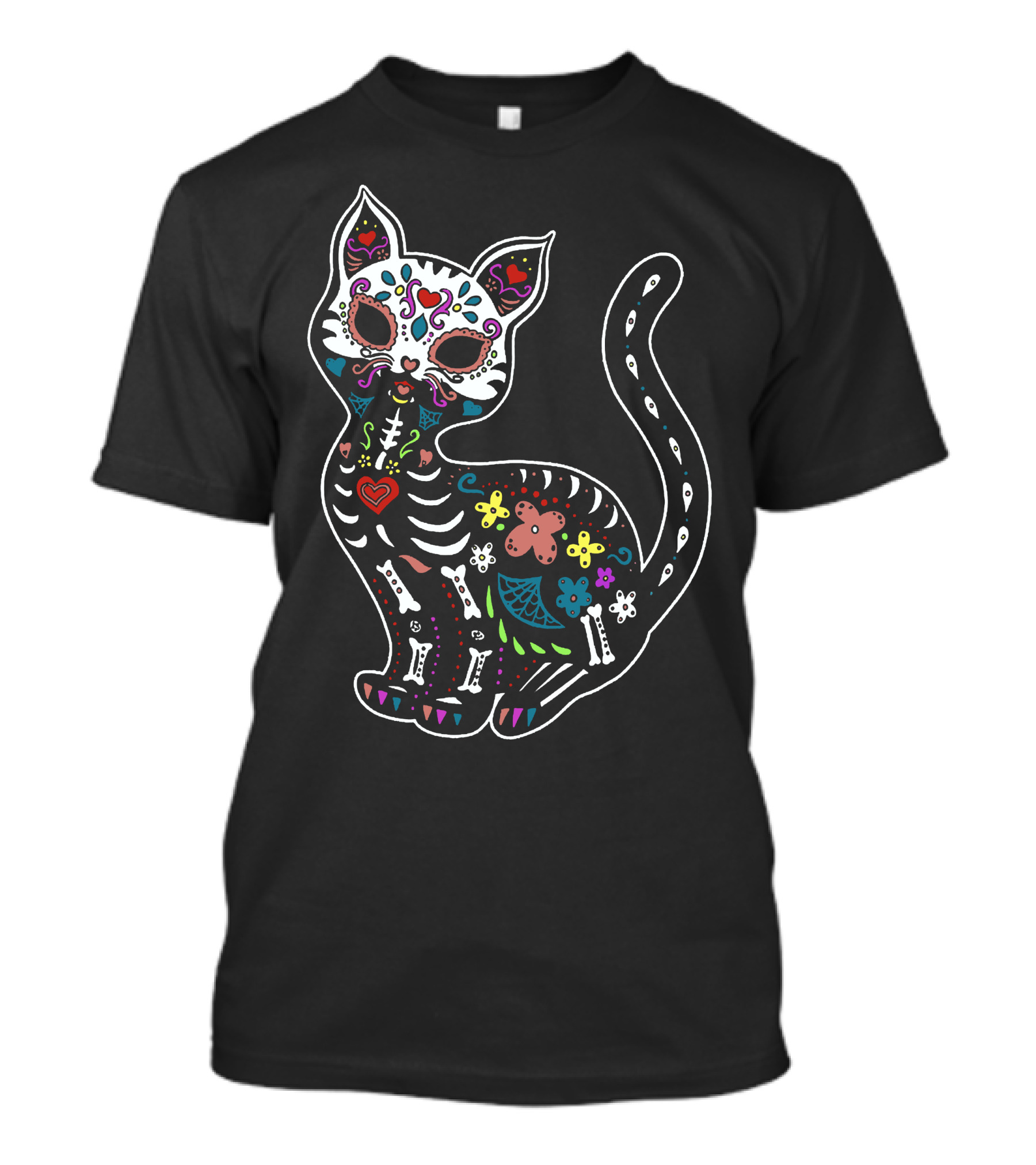 Calavera Cat Dia De Los Muertos Sugar Skull Colorful Skeleton Decor T-Shirt