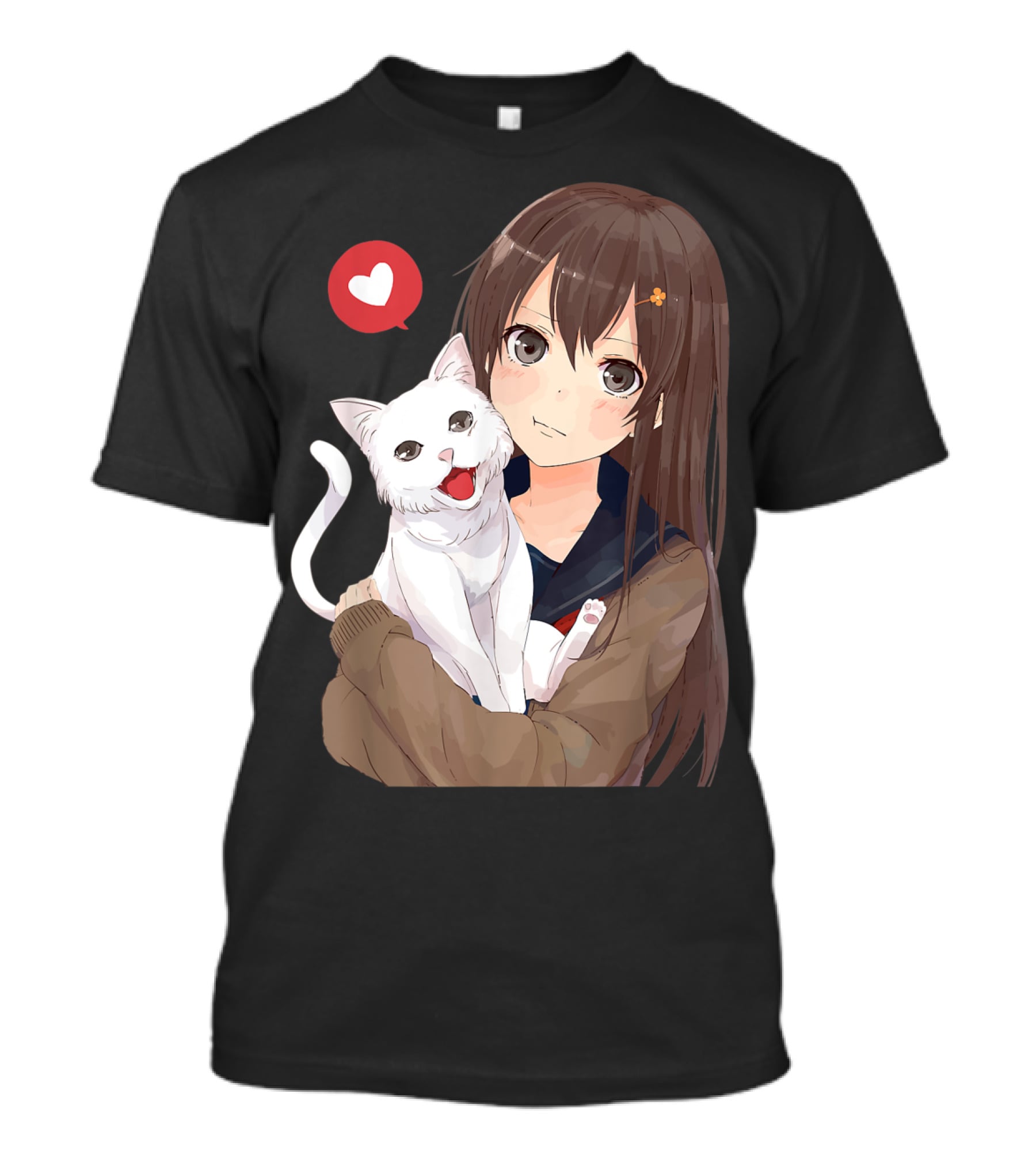 Cute Anime Girl With Adorable White Kitty Cat And Heart T-Shirt