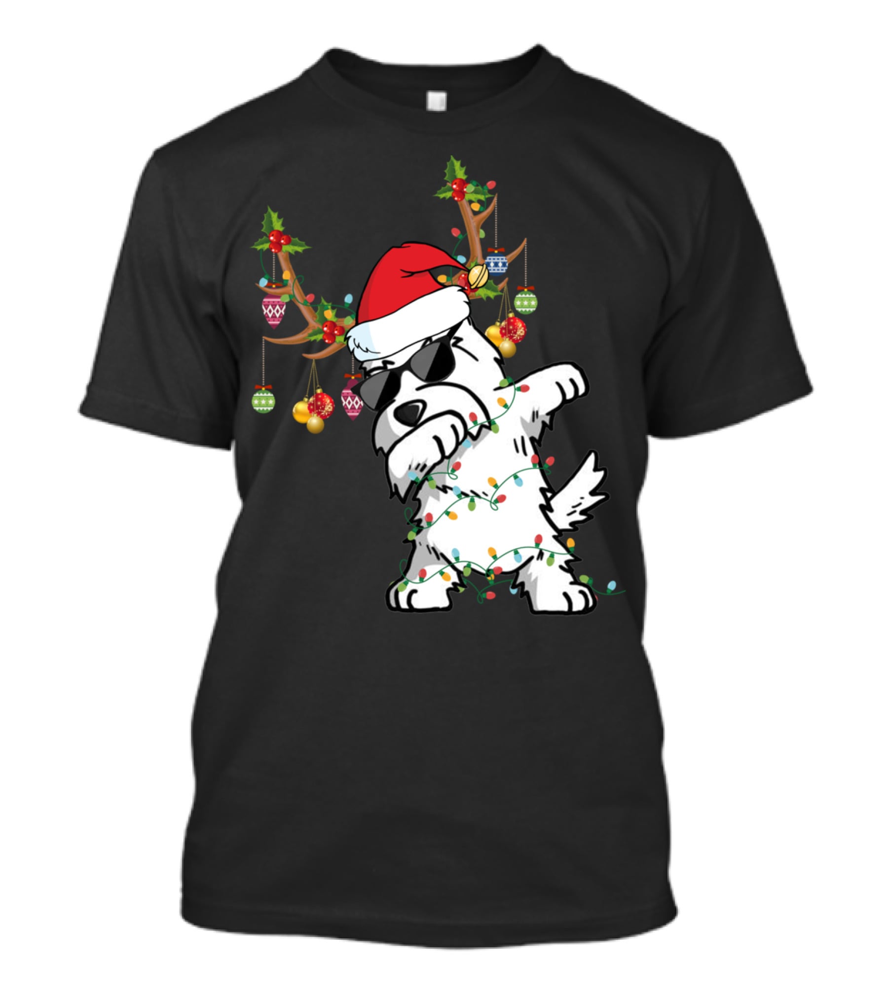 Dabbing Westie Dog Christmas Lights Santa Hat Reindeer Antlers Ornaments T-Shirt