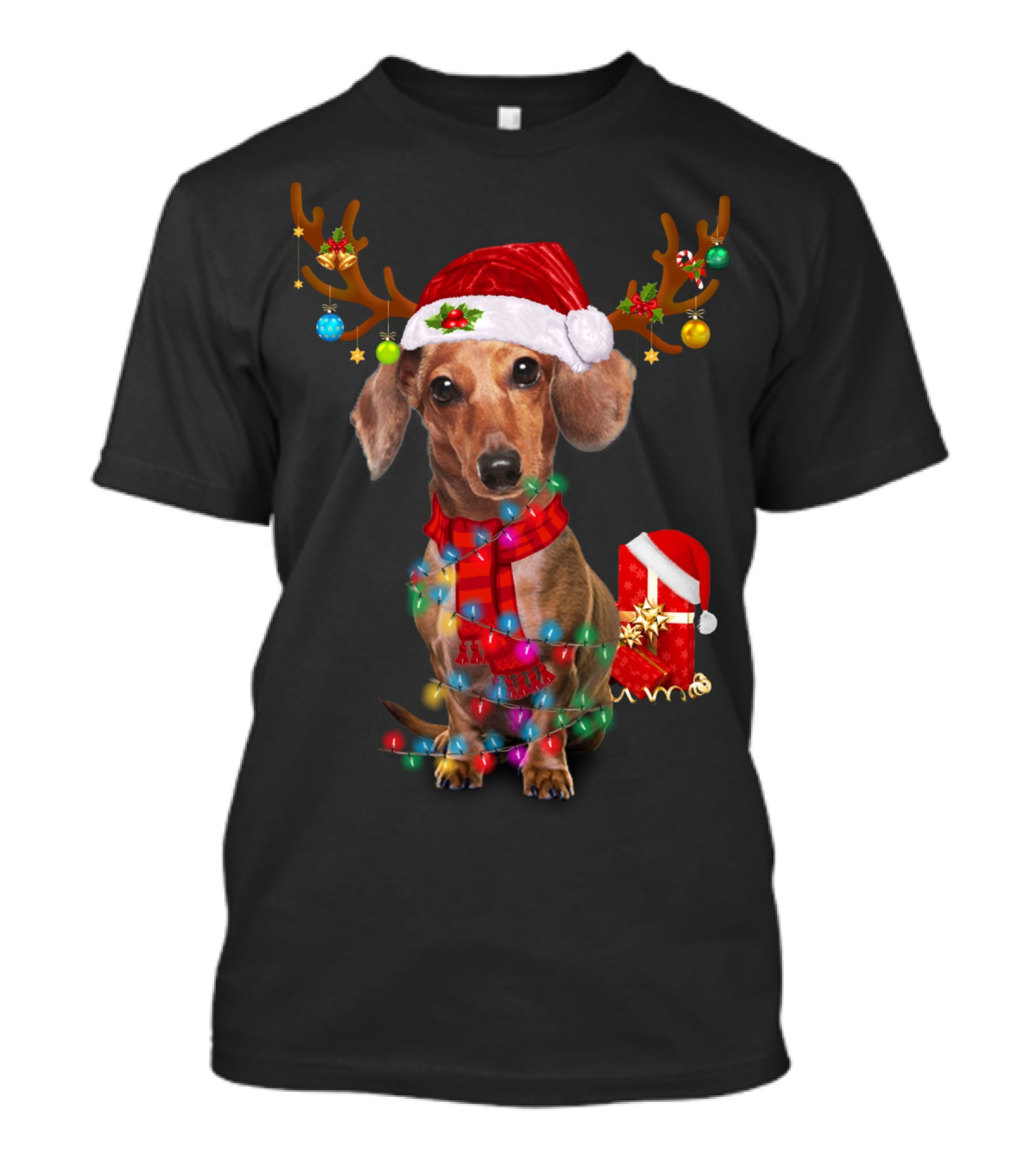 Santa Hat Dachshund With Reindeer Antlers And Christmas Lights T-Shirt