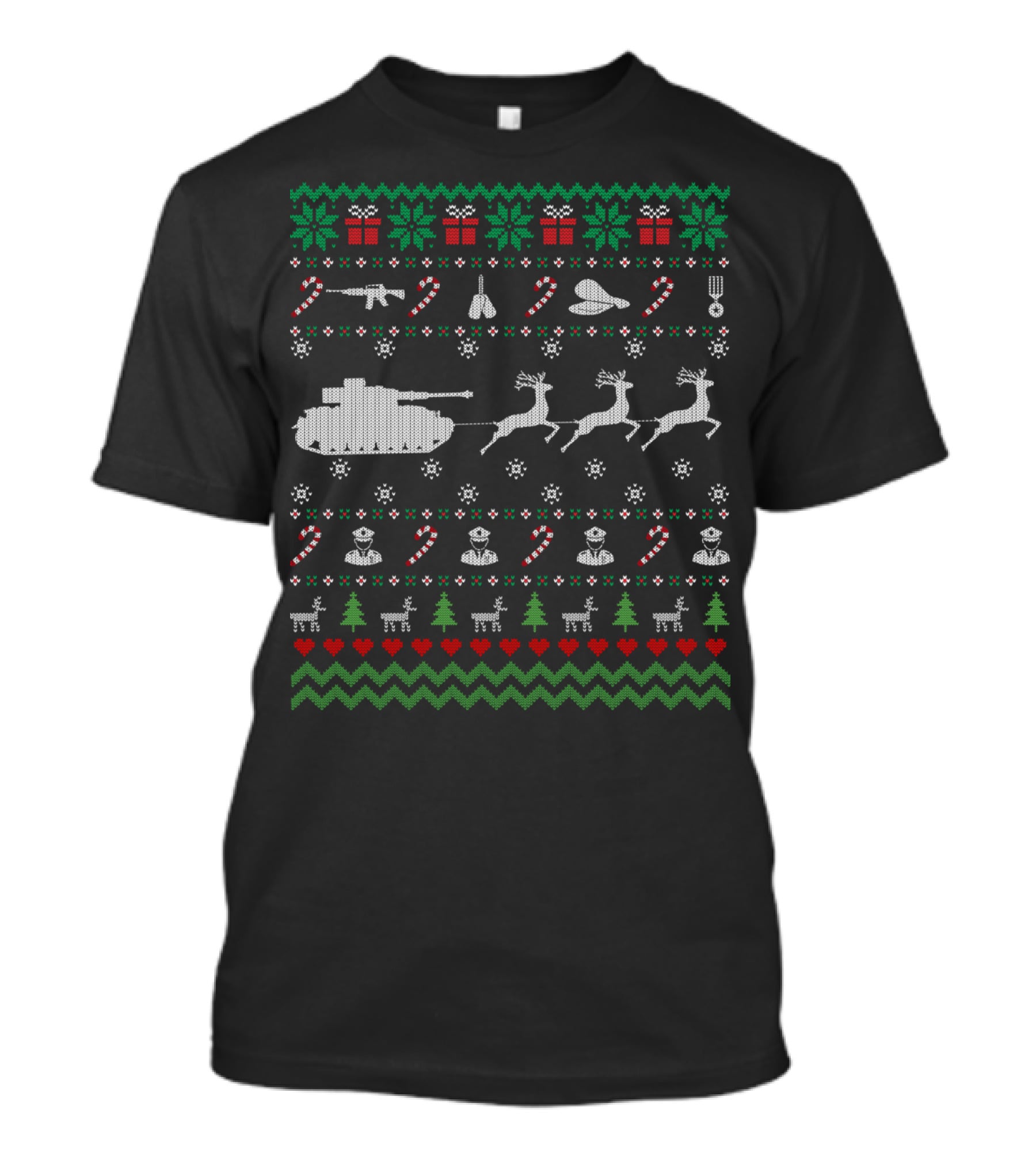 Funny Veteran Ugly Christmas Sweater With Tank Reindeer And Military Decorations T-Shirt