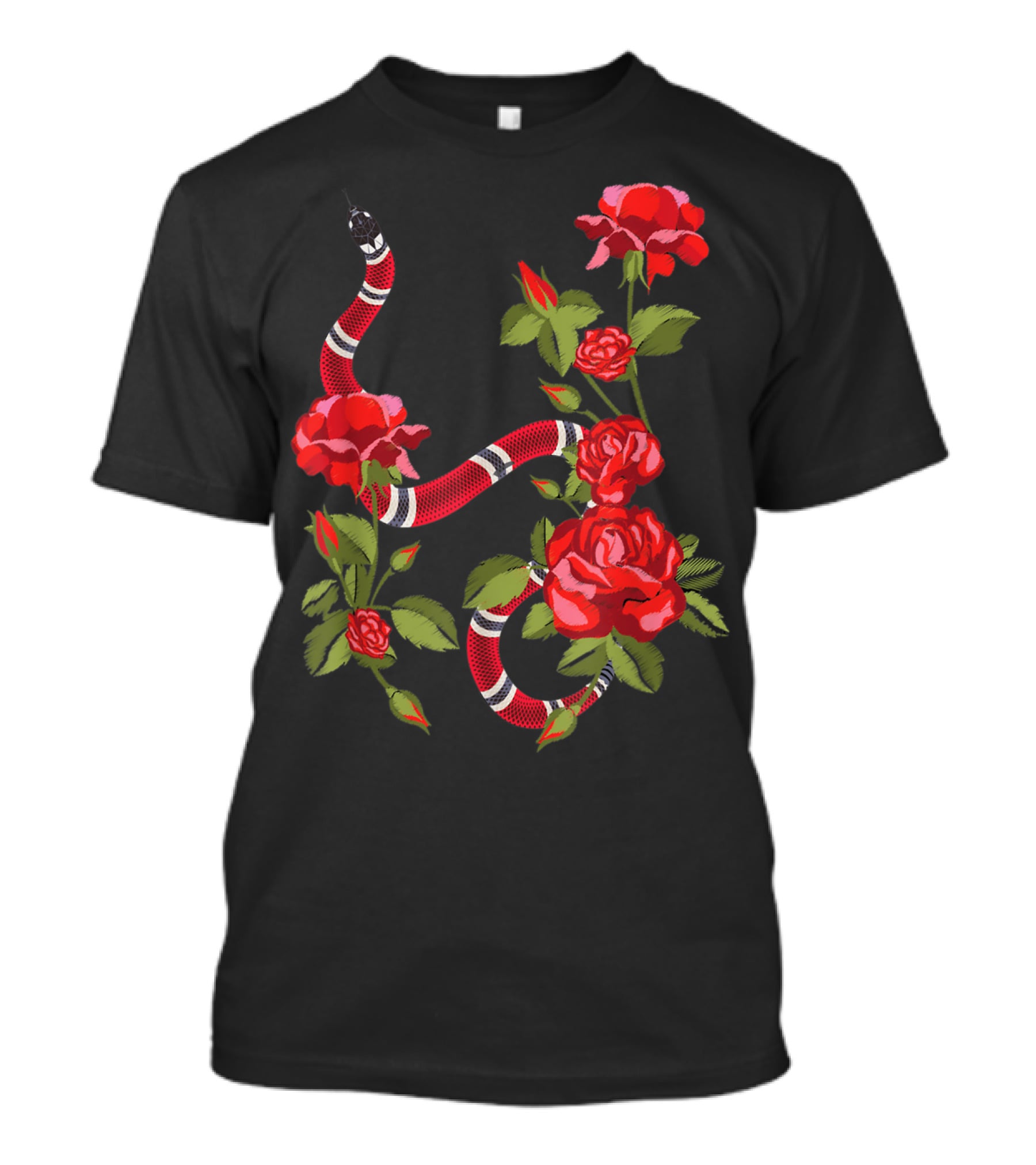 Royal Striped Snake And Flower Red Roses Botanical T-Shirt