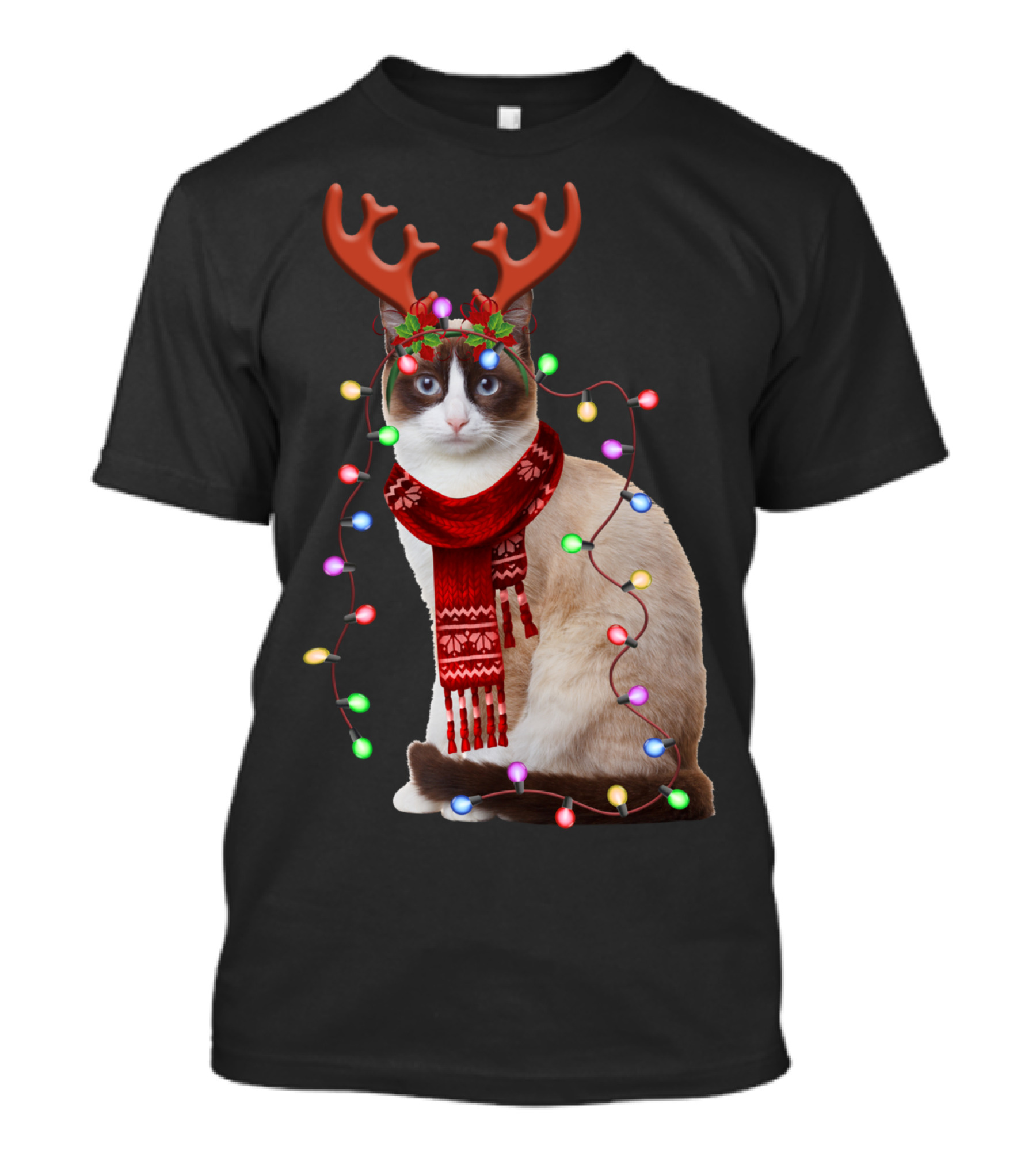 Santa Siamese Cat Reindeer Antlers Wrapped In Christmas Lights T-Shirt