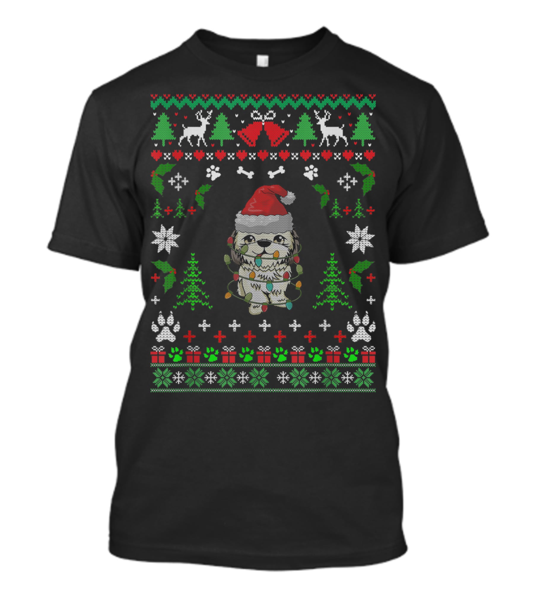 Shitzu Christmas Reindeer Santa Hat Ugly T-Shirt