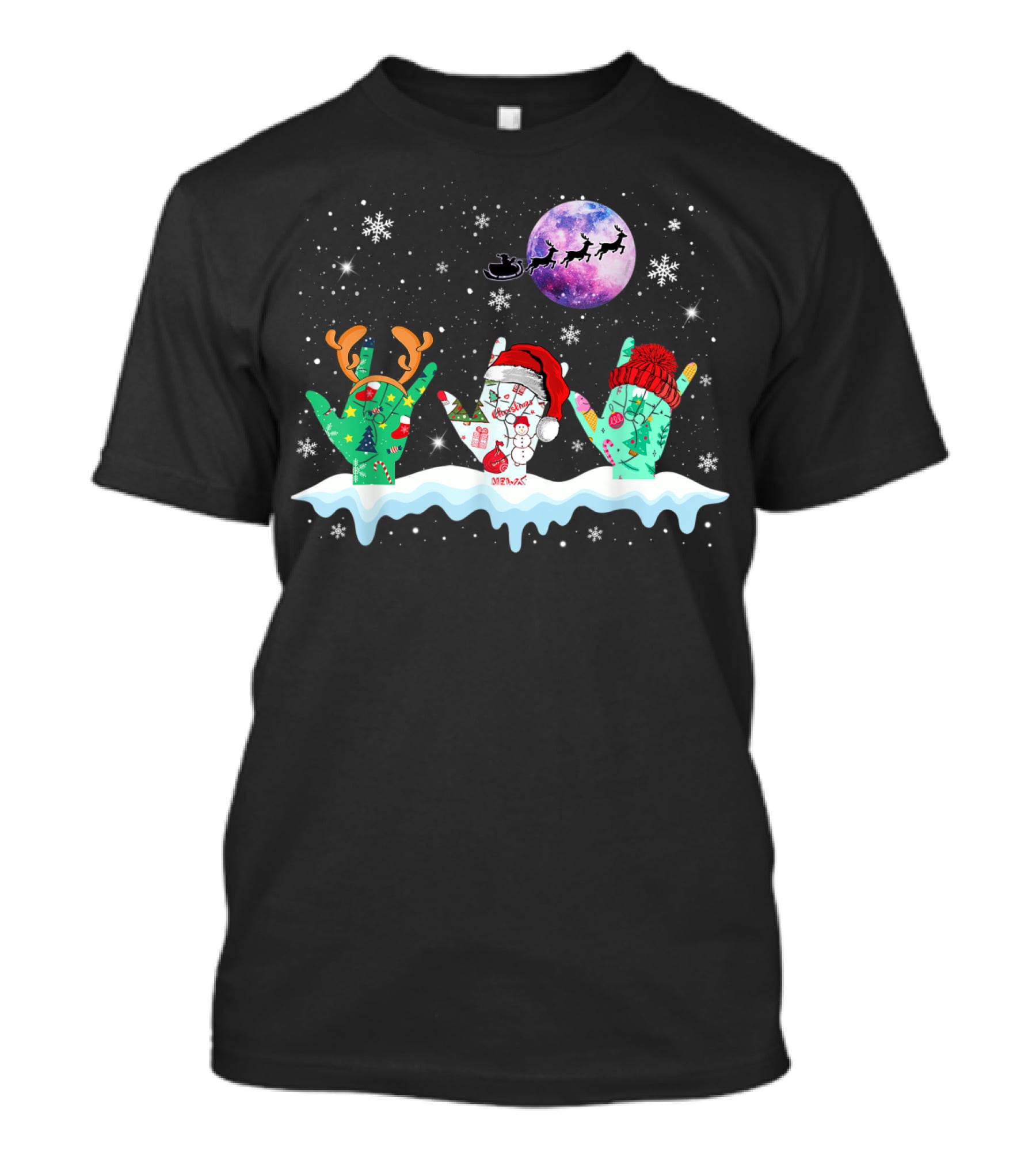 Sign Language Christmas Reindeer Santa Moon Snowflakes T-Shirt