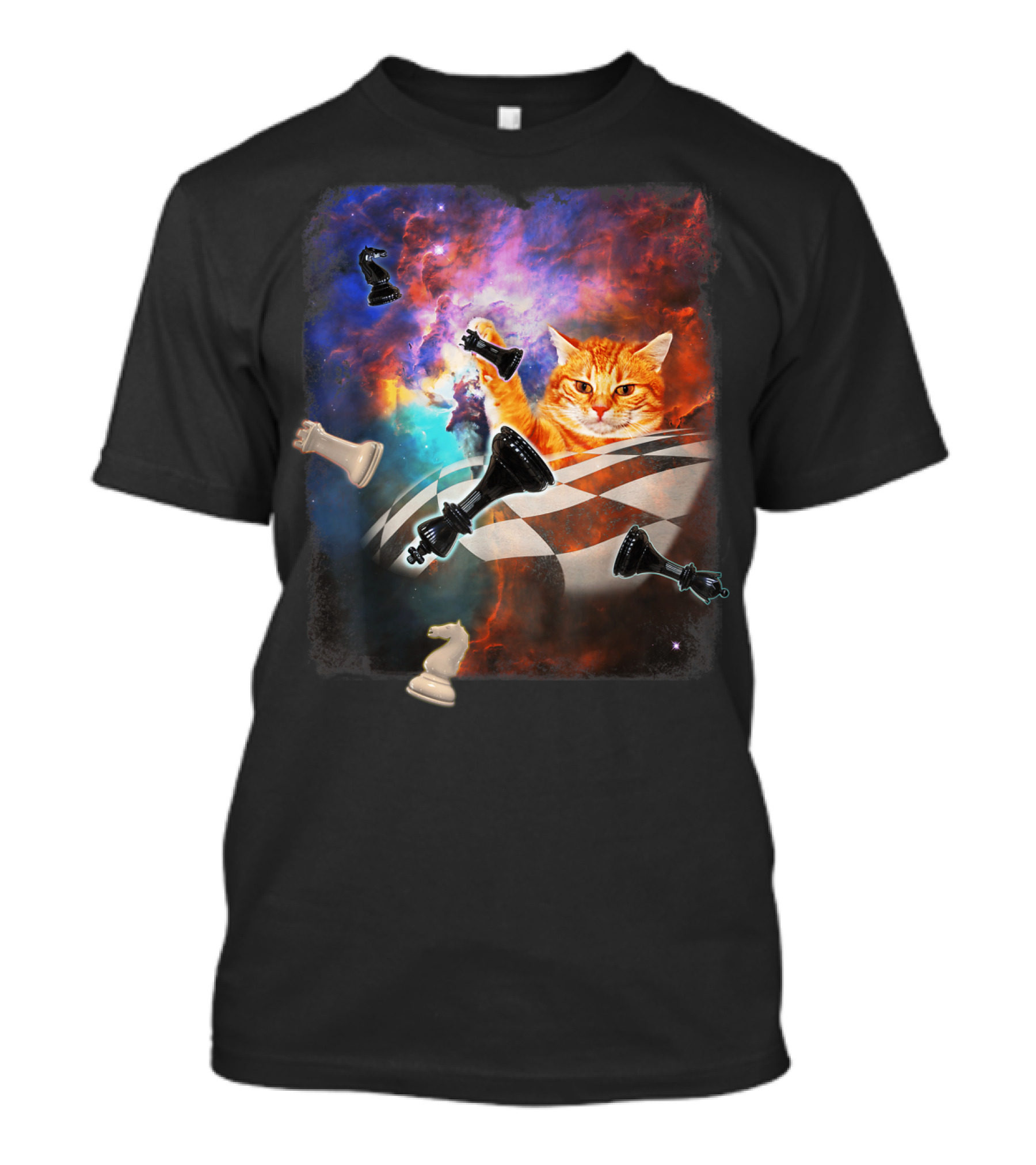 Chess Cat Floating Between Stars And Nebula With Chess Pieces T-Shirt