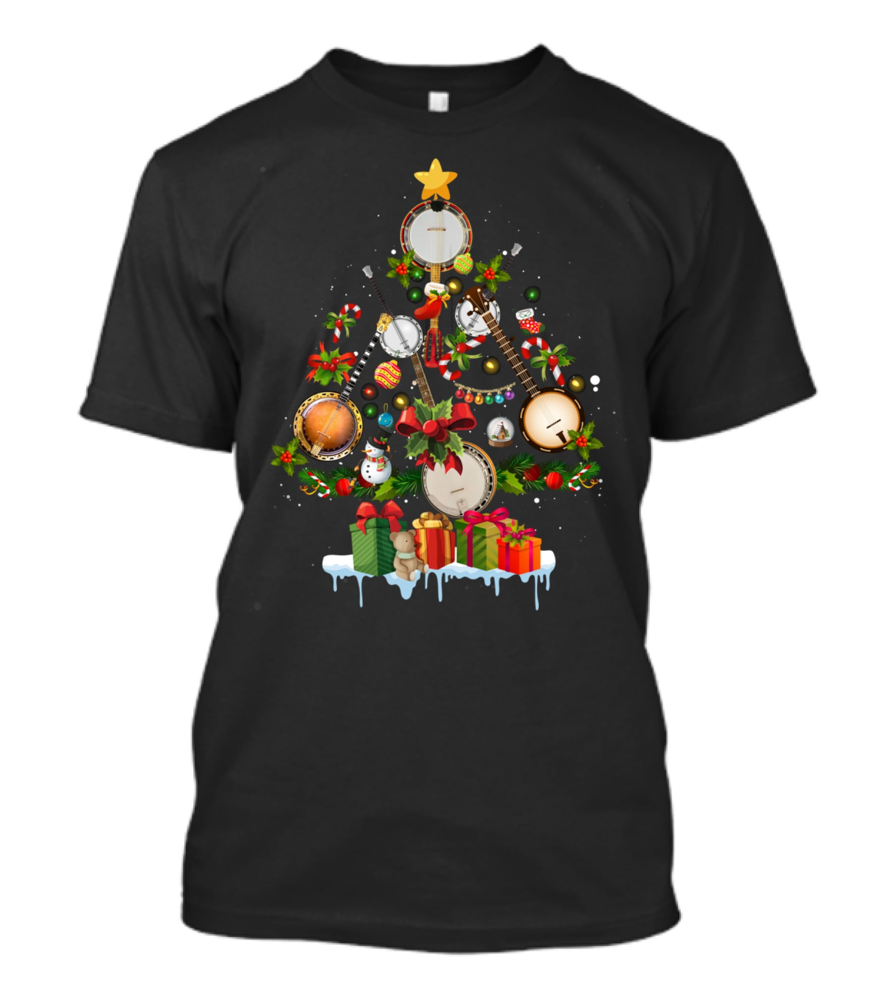 Banjo Christmas Tree With Lights And Gifts T-Shirt