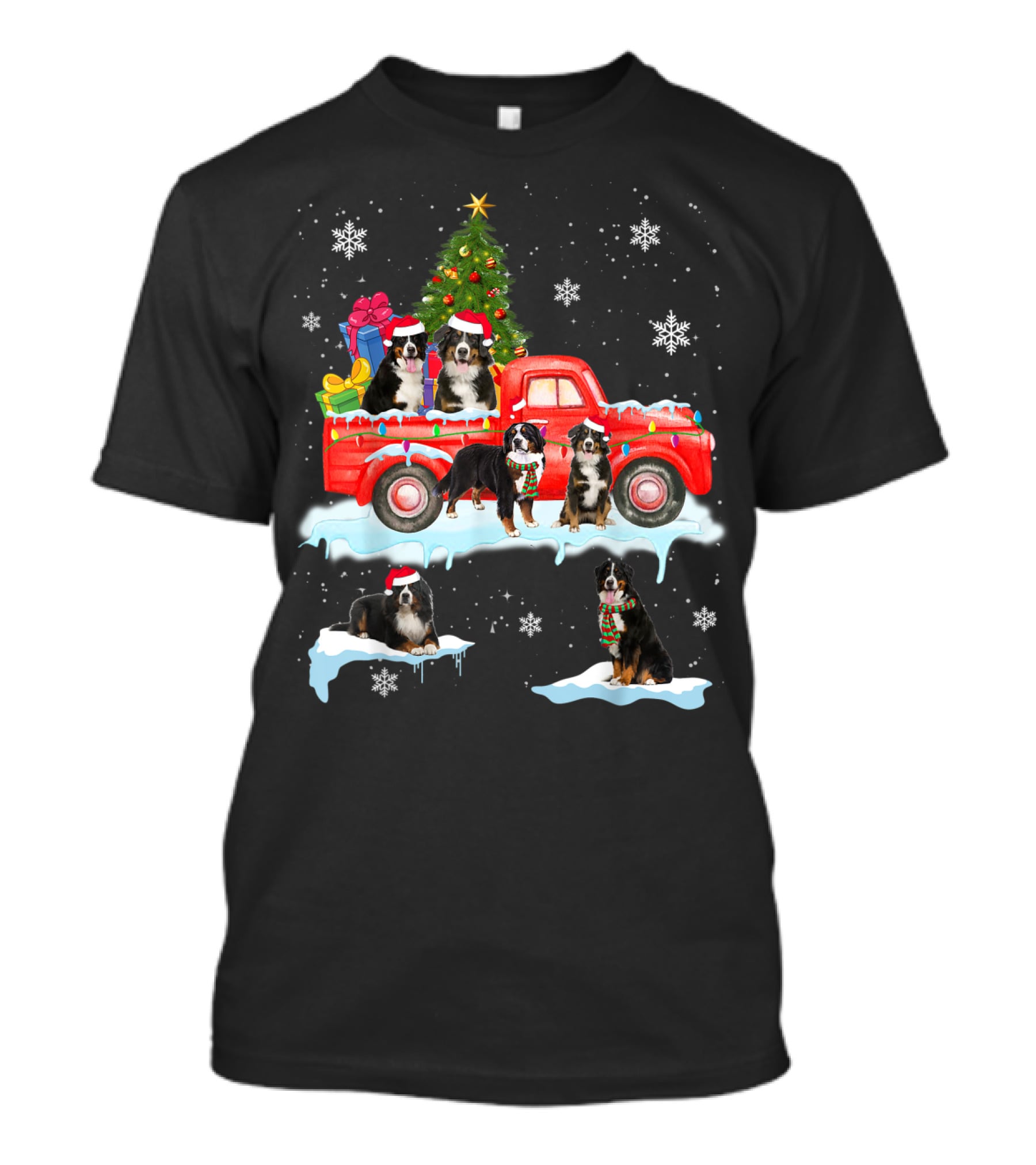 Bernese Mountain Dogs Christmas Red Truck Snowflakes T-Shirt
