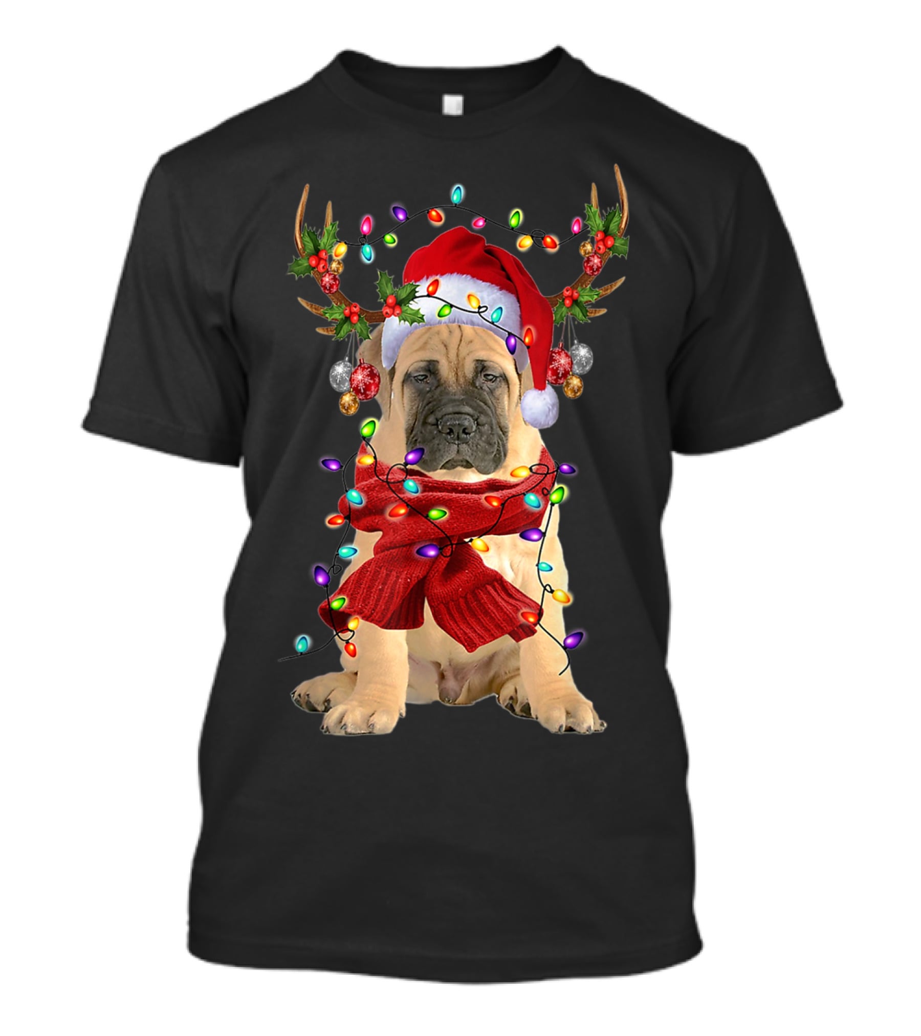 Festive Bull Mastiff Reindeer Lights Christmas Dog T-Shirt